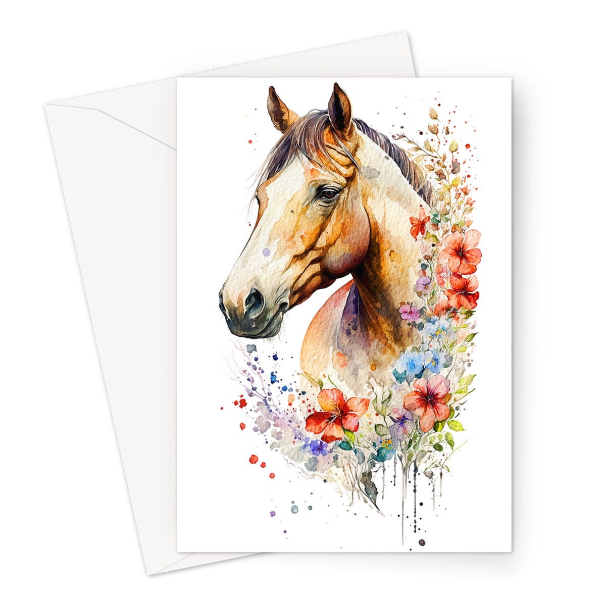 Horse With Flowers Card Watercolour Chestnut Floral Garland Equestrian Themed Brown Pony Horsey Lovers Greeting Cards for Friends & Family - View 3