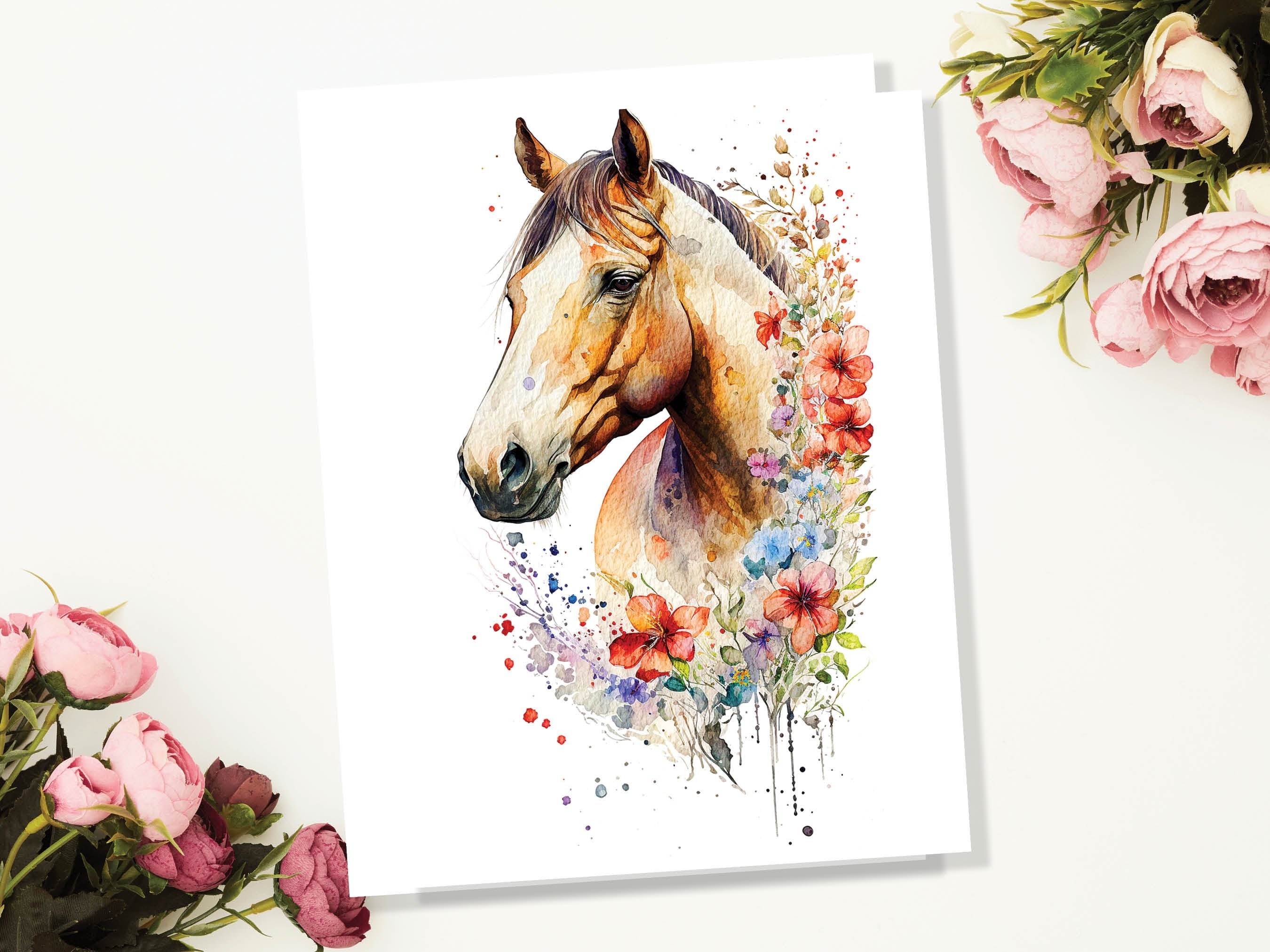 Horse With Flowers Card Watercolour Chestnut Floral Garland Equestrian Themed Brown Pony Horsey Lovers Greeting Cards for Friends & Family - View 5