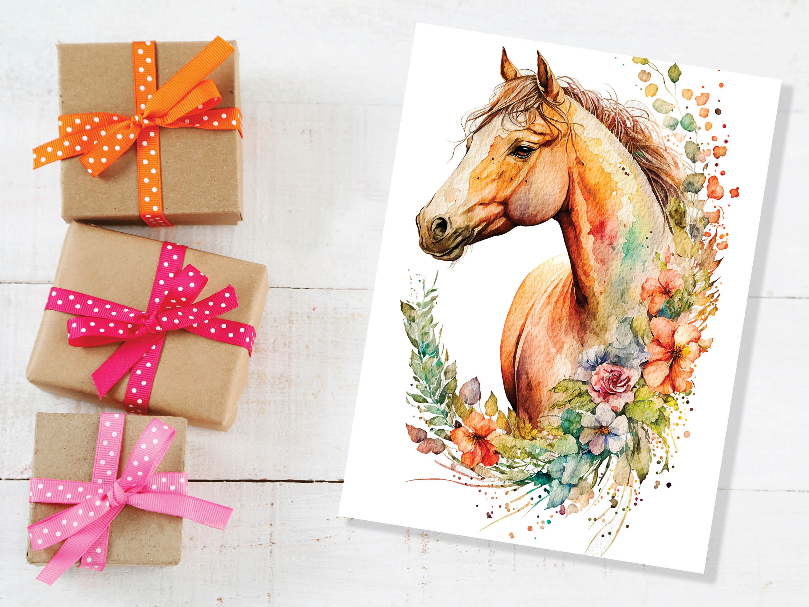 Chestnut Horse With Flowers Card Watercolour Floral Garland Equestrian Themed Sorrel Pony Horsey Lovers Greeting Cards for Friends & Family