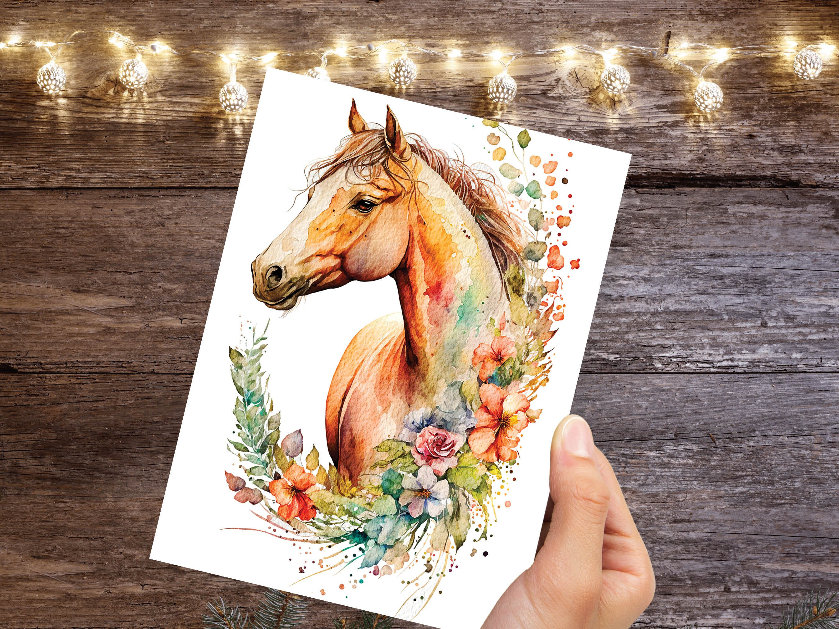 Chestnut Horse With Flowers Card Watercolour Floral Garland Equestrian Themed Sorrel Pony Horsey Lovers Greeting Cards for Friends & Family - View 2