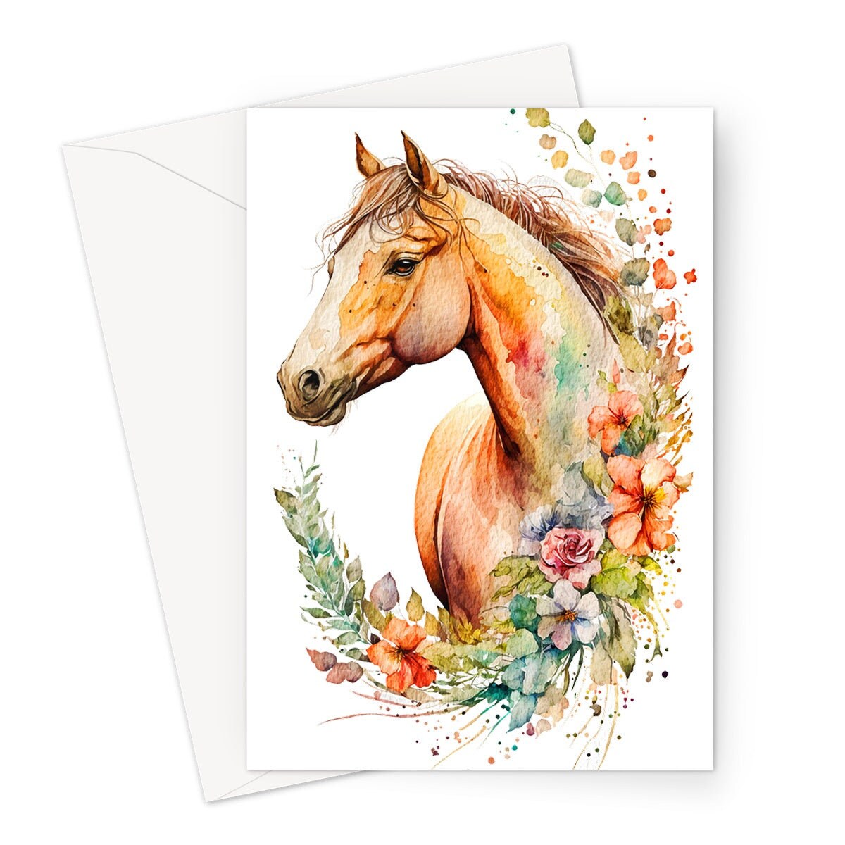 Chestnut Horse With Flowers Card Watercolour Floral Garland Equestrian Themed Sorrel Pony Horsey Lovers Greeting Cards for Friends & Family - View 3