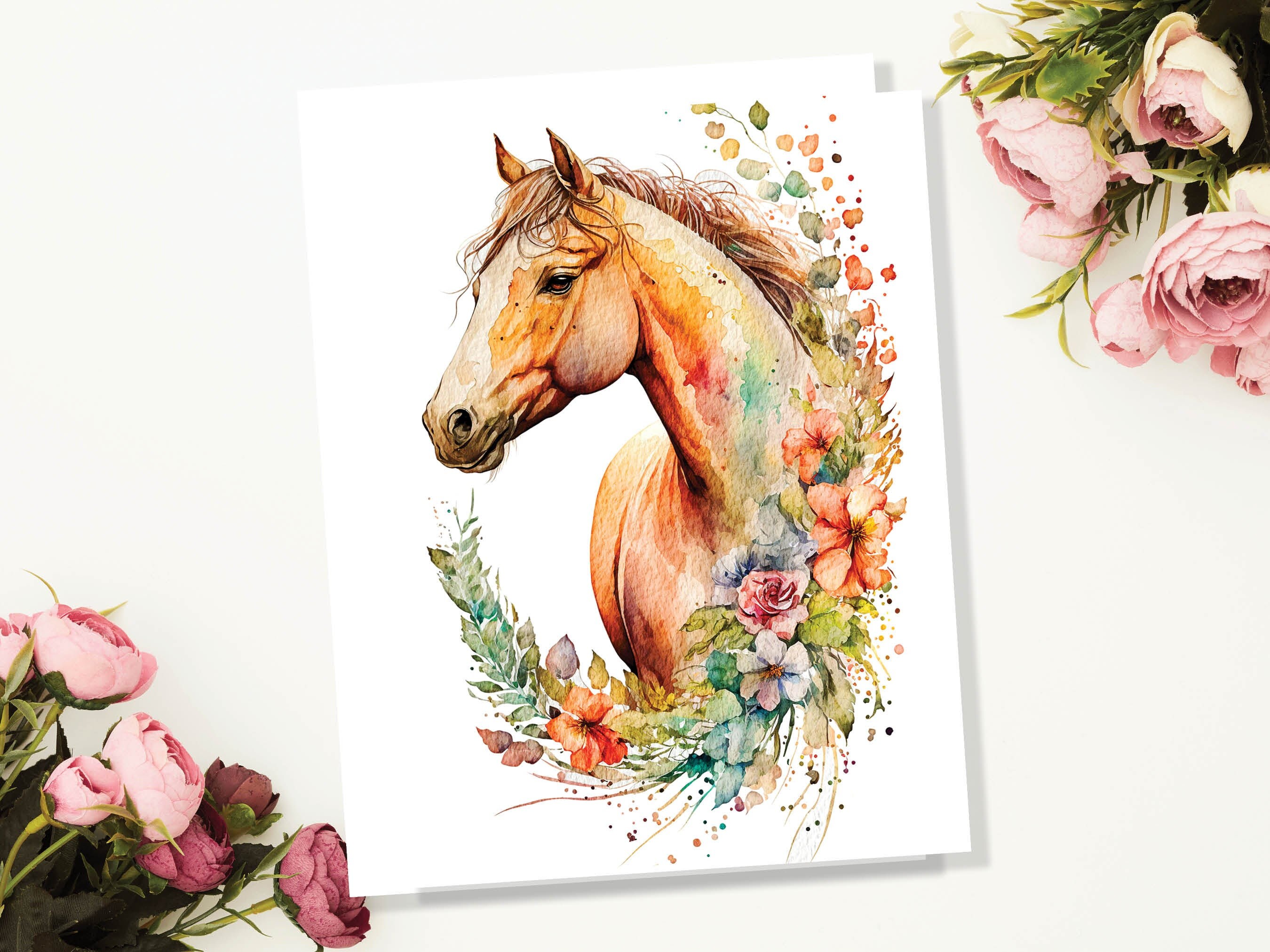 Chestnut Horse With Flowers Card Watercolour Floral Garland Equestrian Themed Sorrel Pony Horsey Lovers Greeting Cards for Friends & Family - View 5