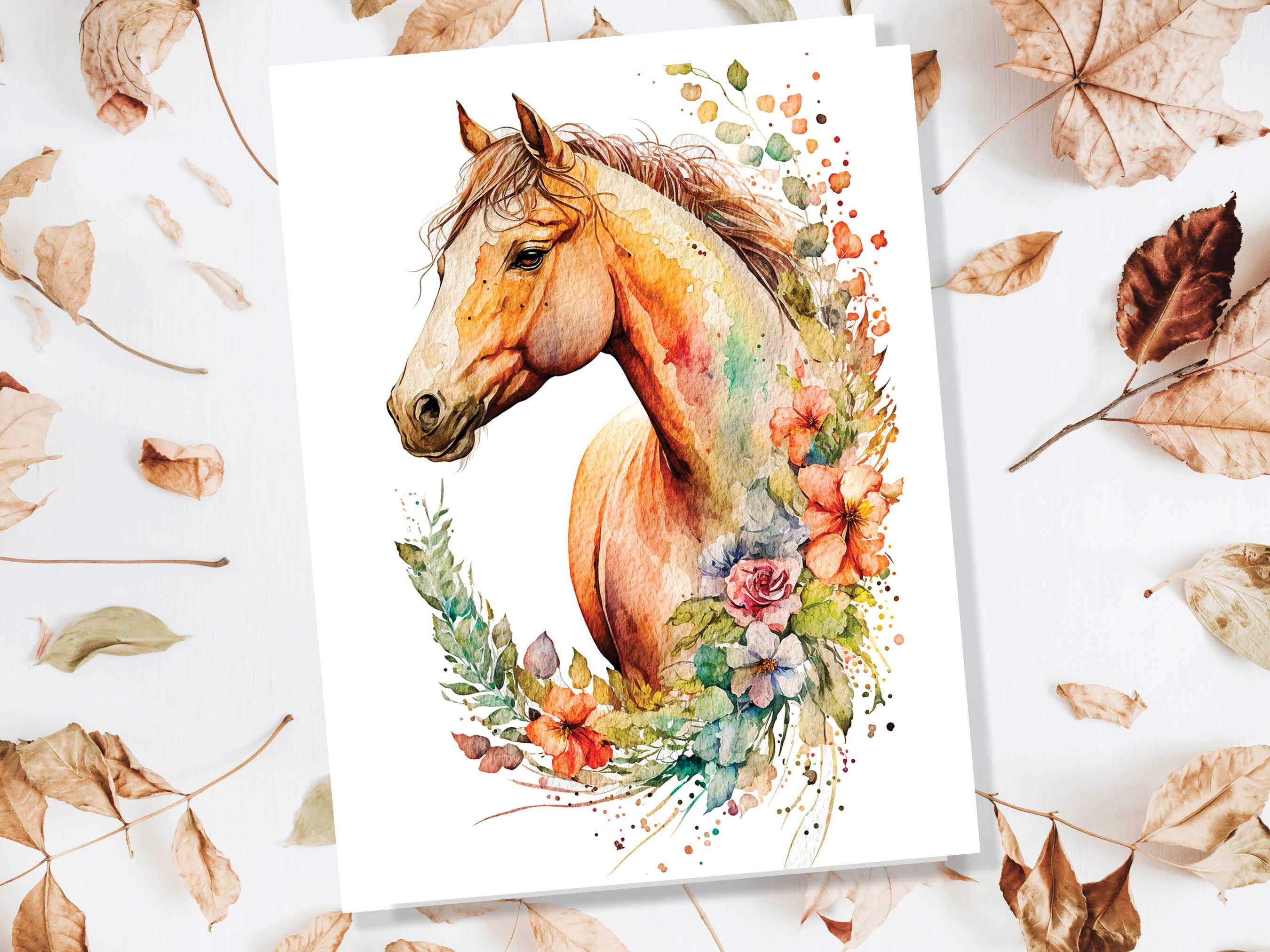 Chestnut Horse With Flowers Card Watercolour Floral Garland Equestrian Themed Sorrel Pony Horsey Lovers Greeting Cards for Friends & Family - View 6