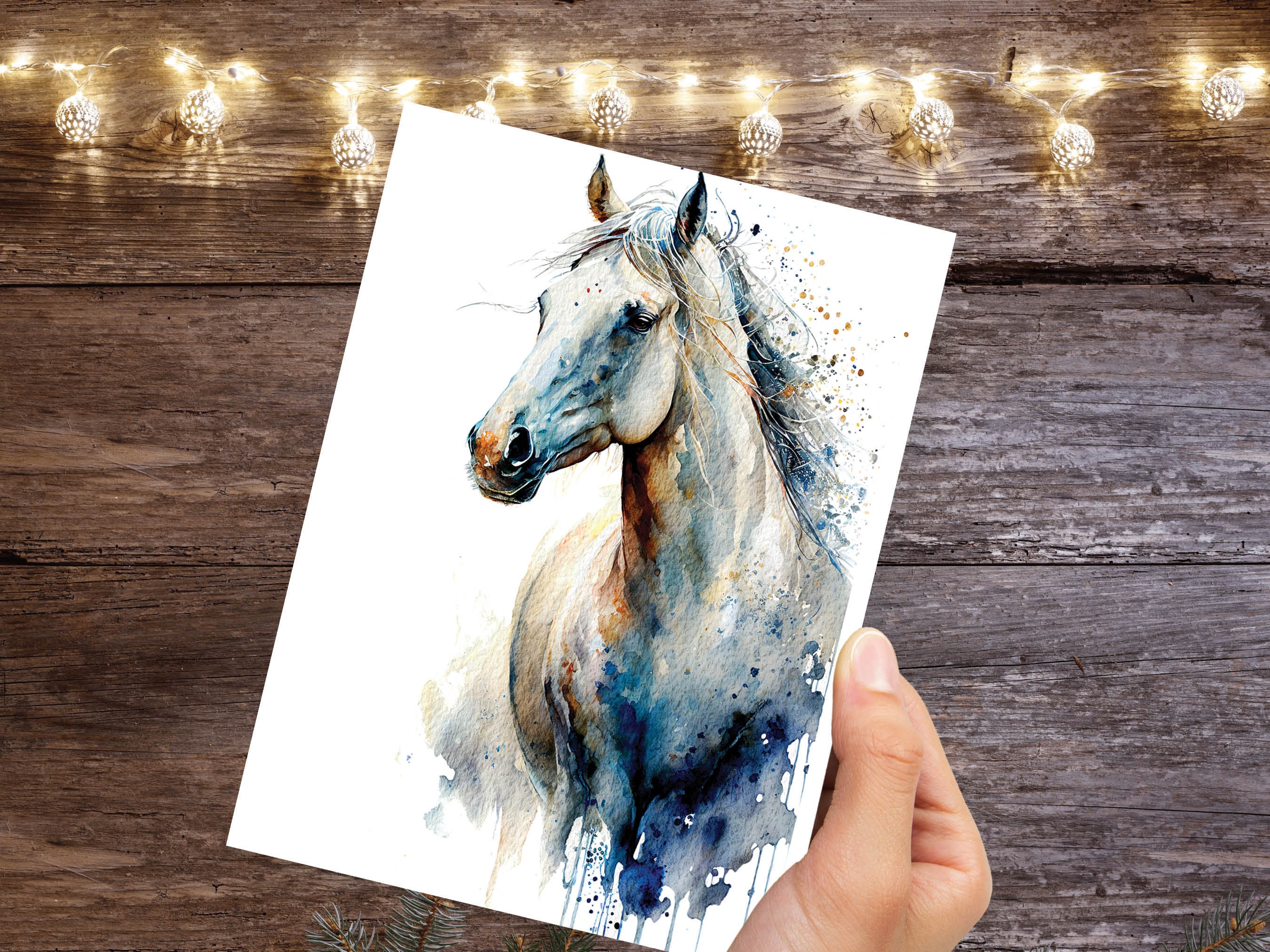 Watercolour White Horse Card Galloping Horsey Pony Equestrian Riding Racing Pet Loss Sympathy Birthday Greeting Cards for Family & Friends