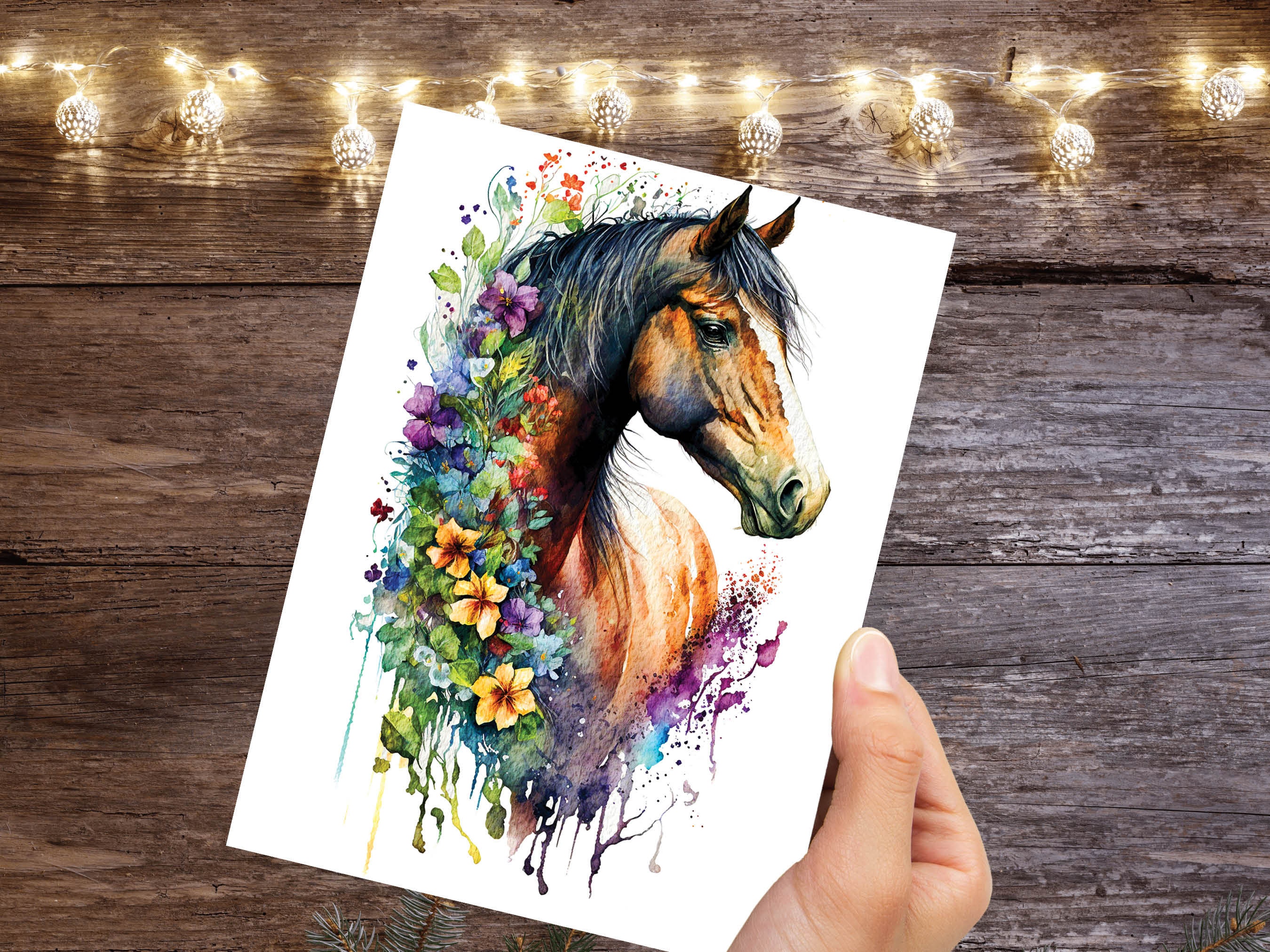 Horse With Flowers Card Watercolour Painting Beautiful Equestrian Themed Sorrel Brown Pony Horsey Lovers Greeting Cards for Friends & Family