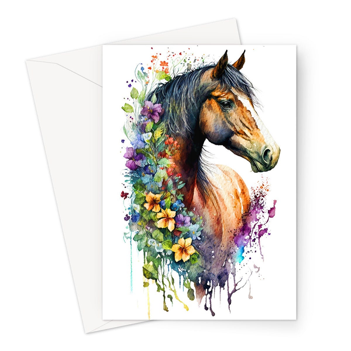 Horse With Flowers Card Watercolour Painting Beautiful Equestrian Themed Sorrel Brown Pony Horsey Lovers Greeting Cards for Friends & Family - View 2