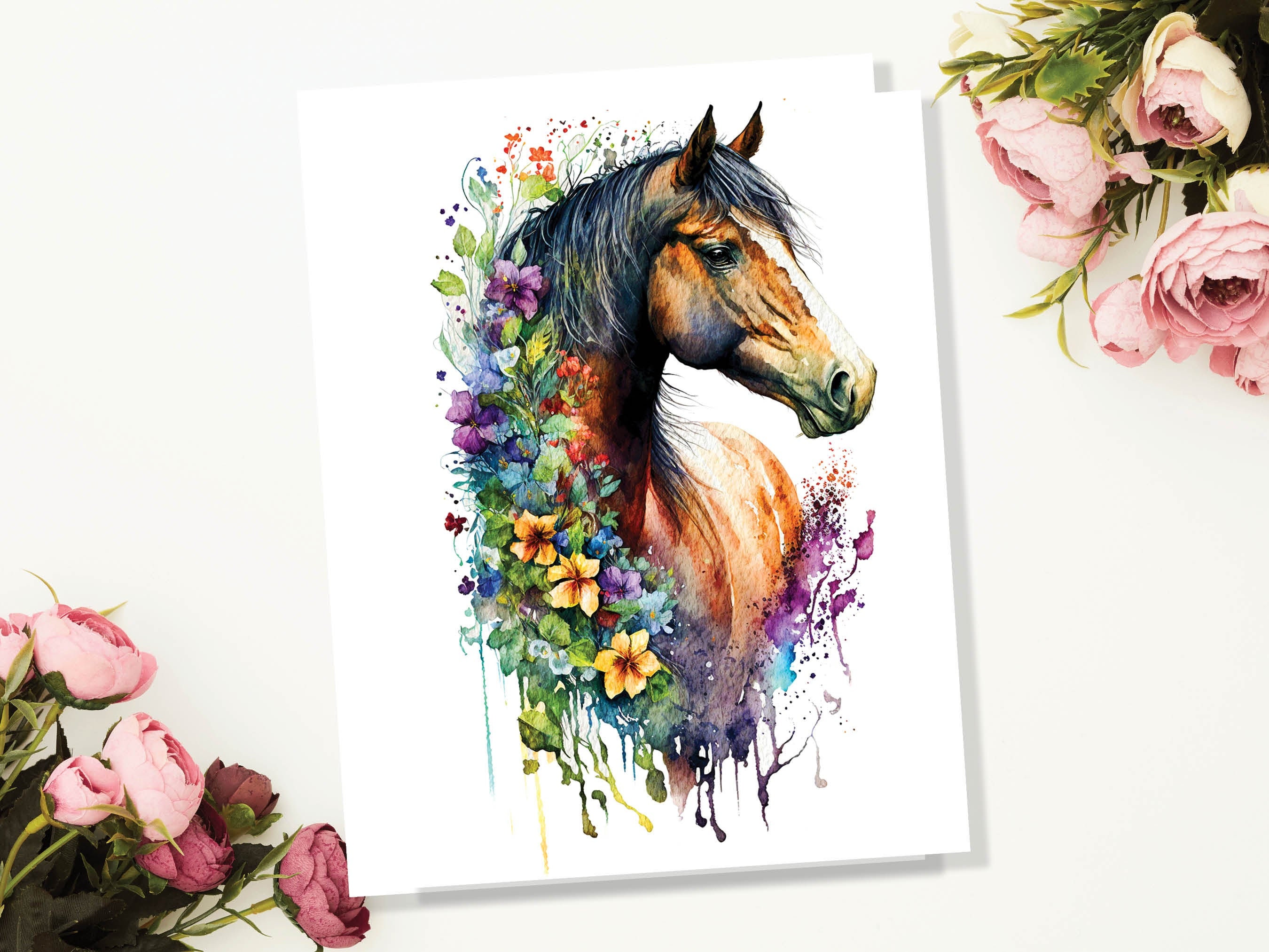 Horse With Flowers Card Watercolour Painting Beautiful Equestrian Themed Sorrel Brown Pony Horsey Lovers Greeting Cards for Friends & Family - View 4