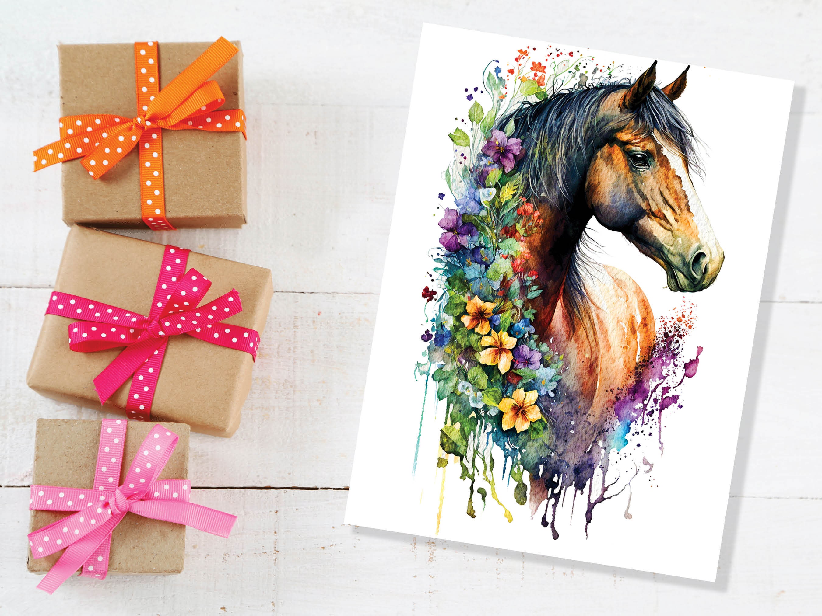 Horse With Flowers Card Watercolour Painting Beautiful Equestrian Themed Sorrel Brown Pony Horsey Lovers Greeting Cards for Friends & Family - View 5