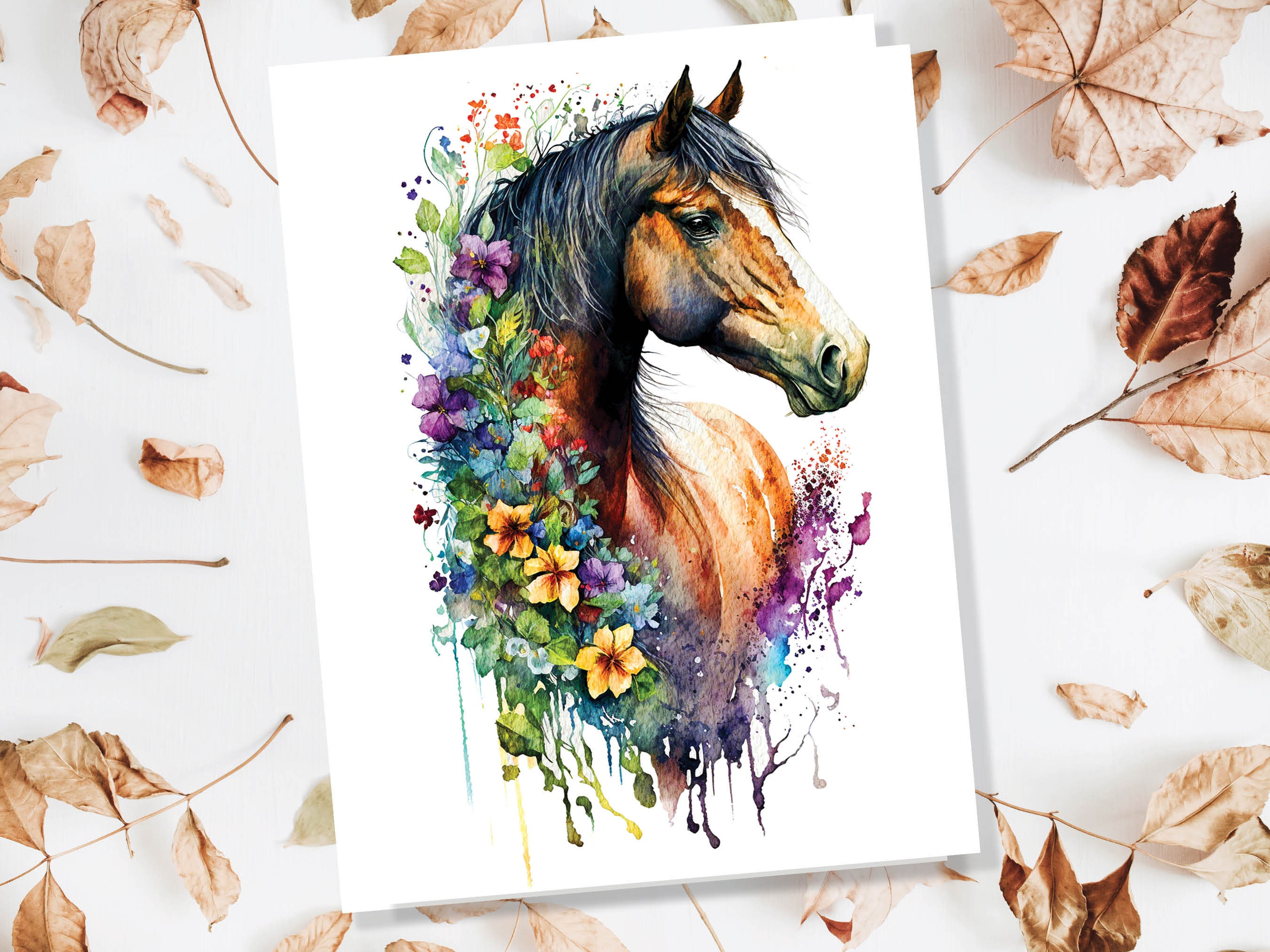 Horse With Flowers Card Watercolour Painting Beautiful Equestrian Themed Sorrel Brown Pony Horsey Lovers Greeting Cards for Friends & Family - View 6