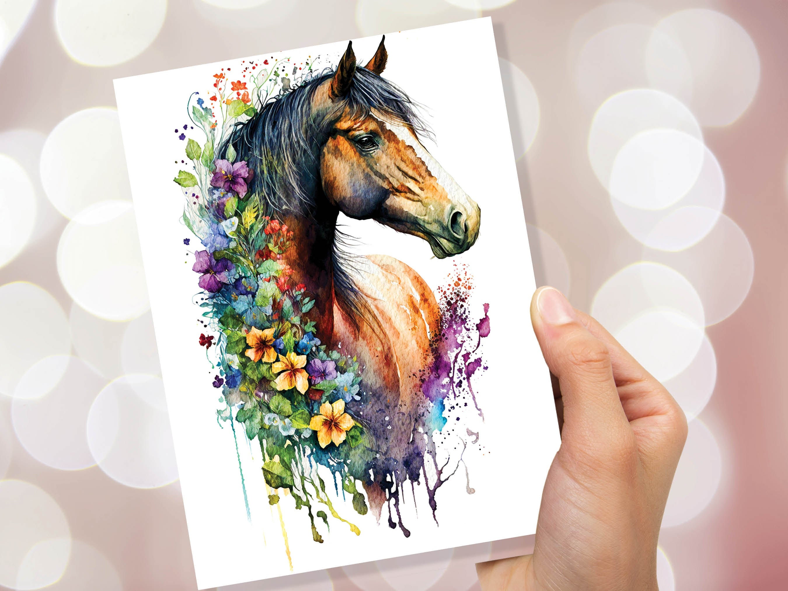 Horse With Flowers Card Watercolour Painting Beautiful Equestrian Themed Sorrel Brown Pony Horsey Lovers Greeting Cards for Friends & Family - View 7