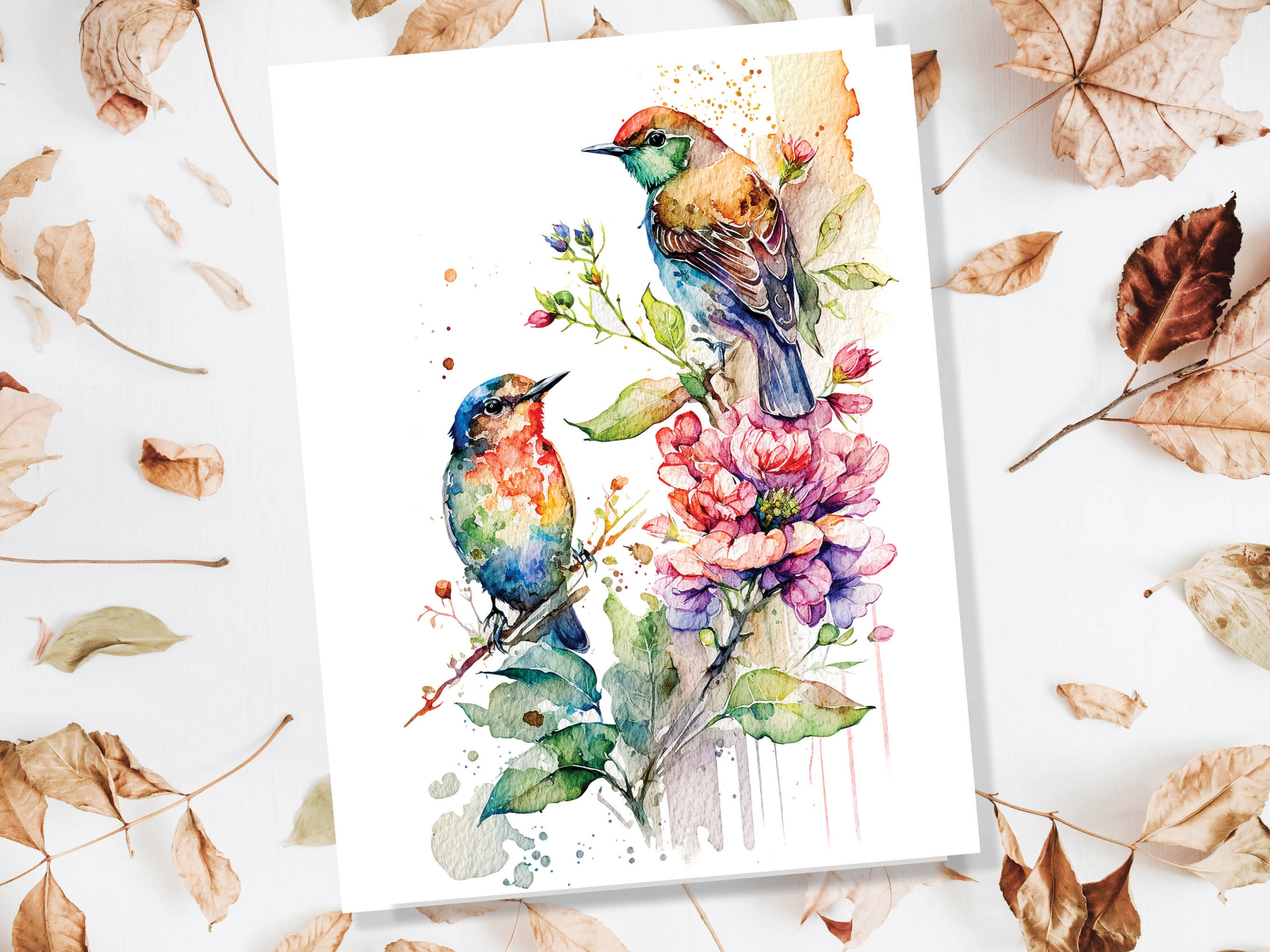 Sparrows Card Watercolour Birds and Flowers Nature Bird Lovers Floral Unique British Spring Springtime Blossom Thinking of You Cards Notelet - View 5