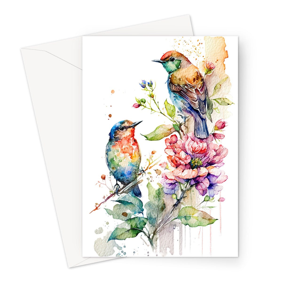 Sparrows Card Watercolour Birds and Flowers Nature Bird Lovers Floral Unique British Spring Springtime Blossom Thinking of You Cards Notelet - View 2