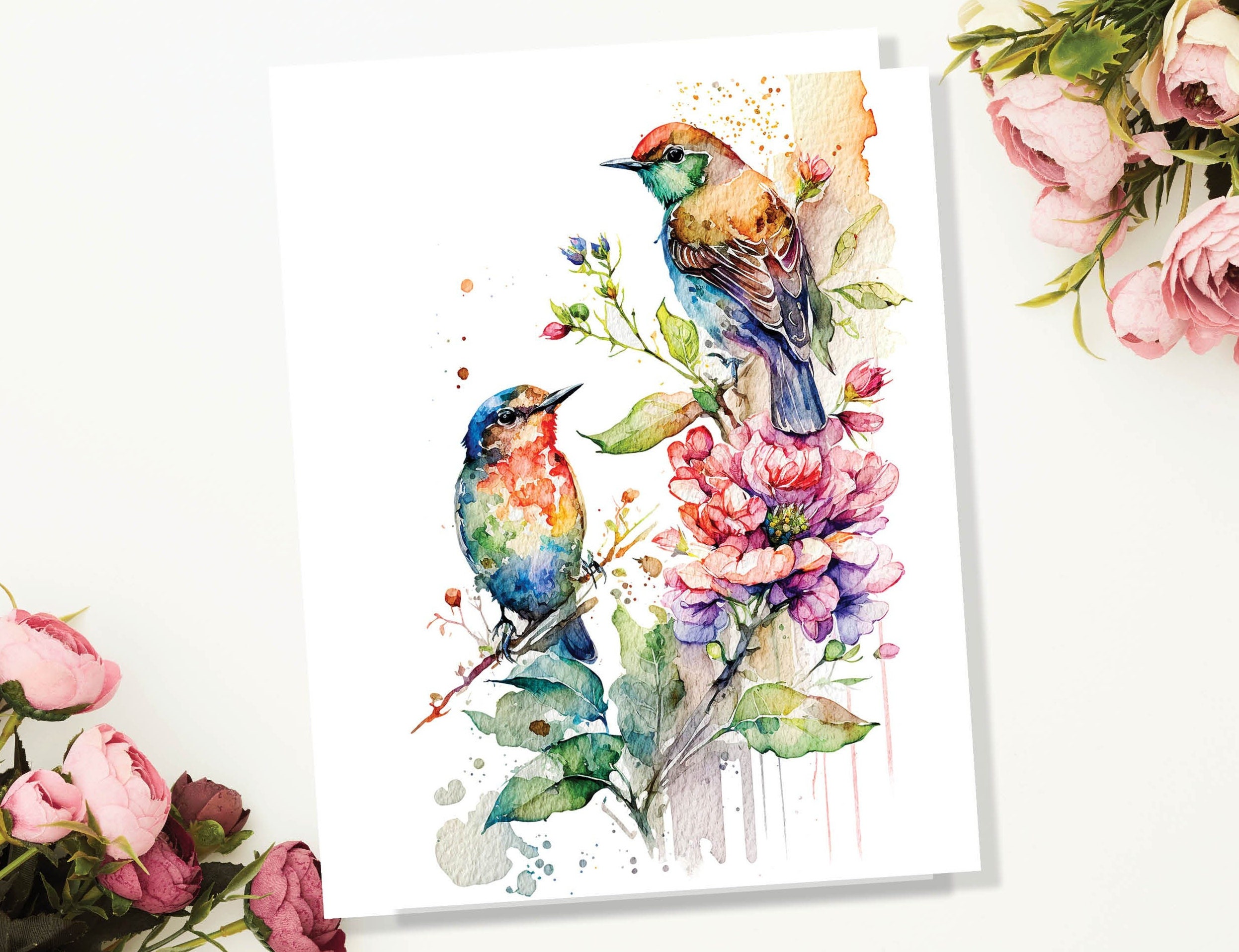 Sparrows Card Watercolour Birds and Flowers Nature Bird Lovers Floral Unique British Spring Springtime Blossom Thinking of You Cards Notelet