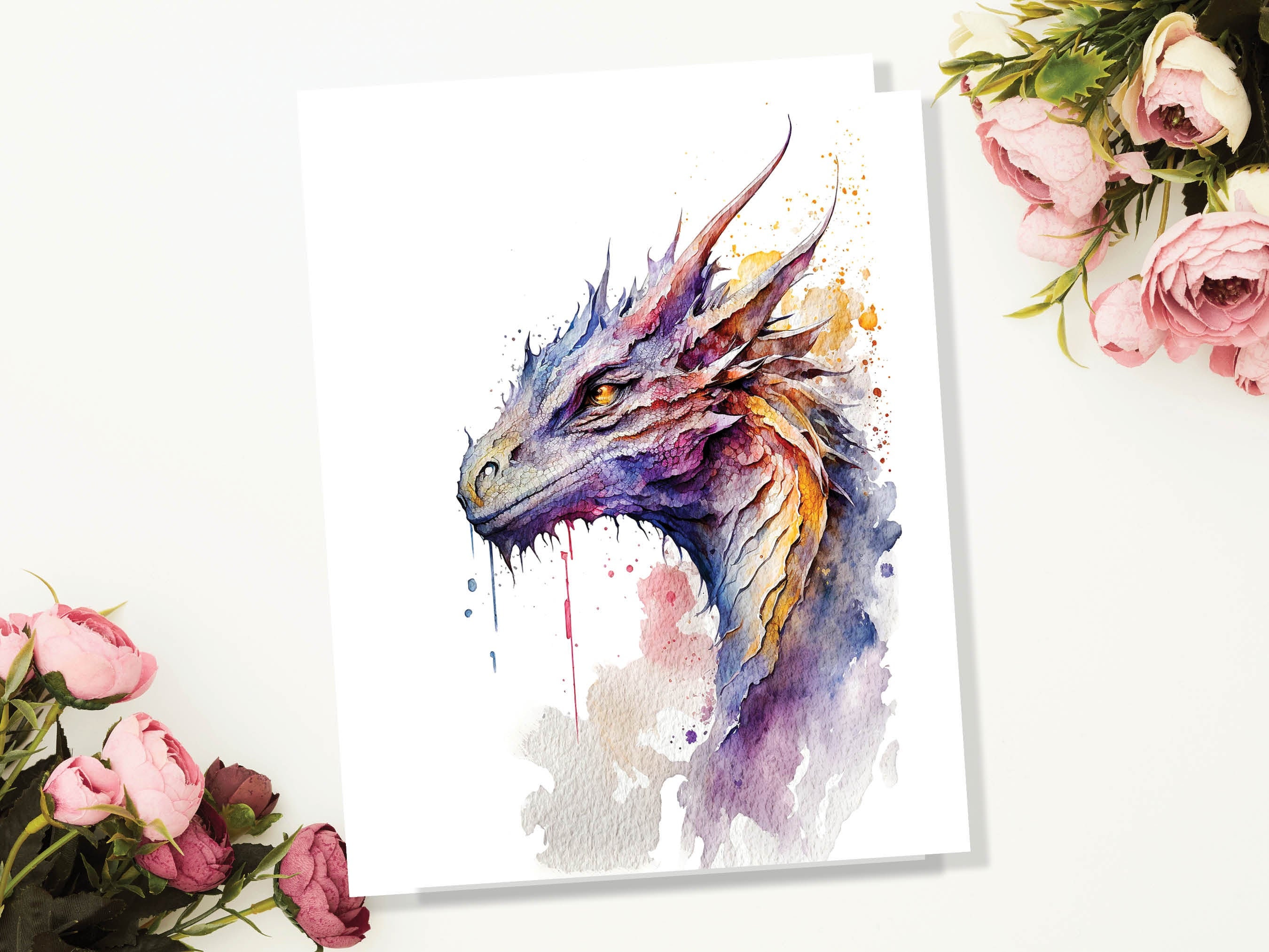 Dragon Birthday Wishes Card Fantasy Dragon Lovers Magical Notecard Watercolour Art Fairytale Greeting Cards Mythical Thank You Notelets Myth - View 4