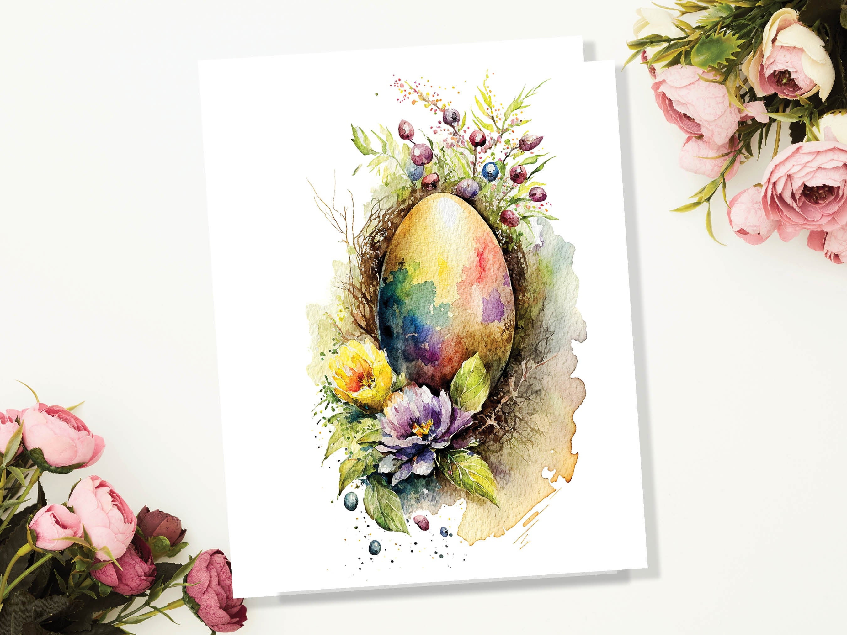 Elegant Easter Card Watercolour Floral Egg Notecard Notelets Flower Thank You Notes Paschal Egg Painting Greetings Cards Good Friday Sunday - View 4