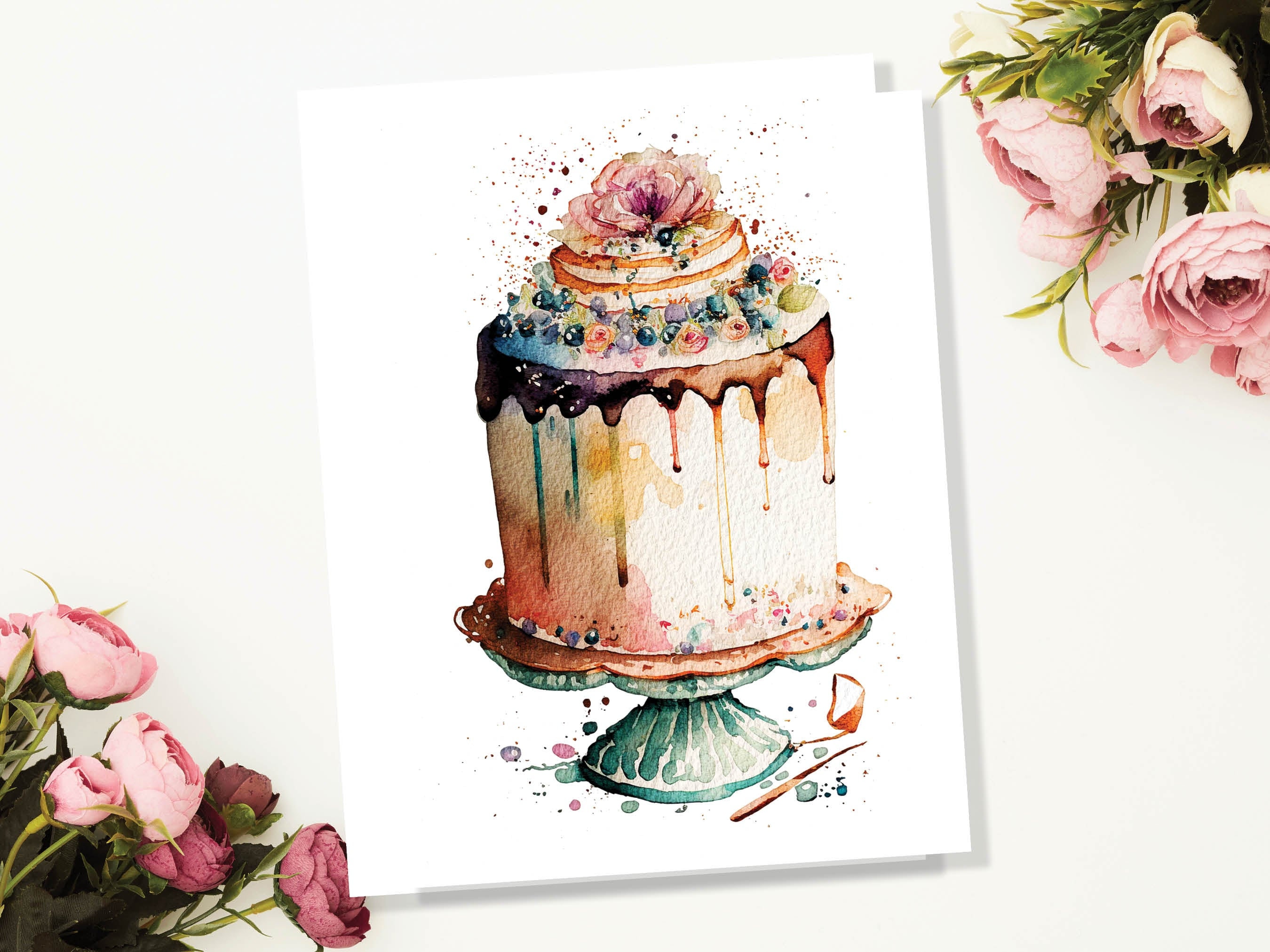 Watercolour Birthday Cake Stand Card Watercolour Painting Vintage Colours Pink Duck Egg Celebration Greeting Cards for Her Mum Women Wife