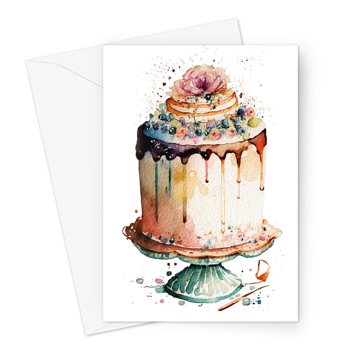 Watercolour Birthday Cake Stand Card Watercolour Painting Vintage Colours Pink Duck Egg Celebration Greeting Cards for Her Mum Women Wife - View 2