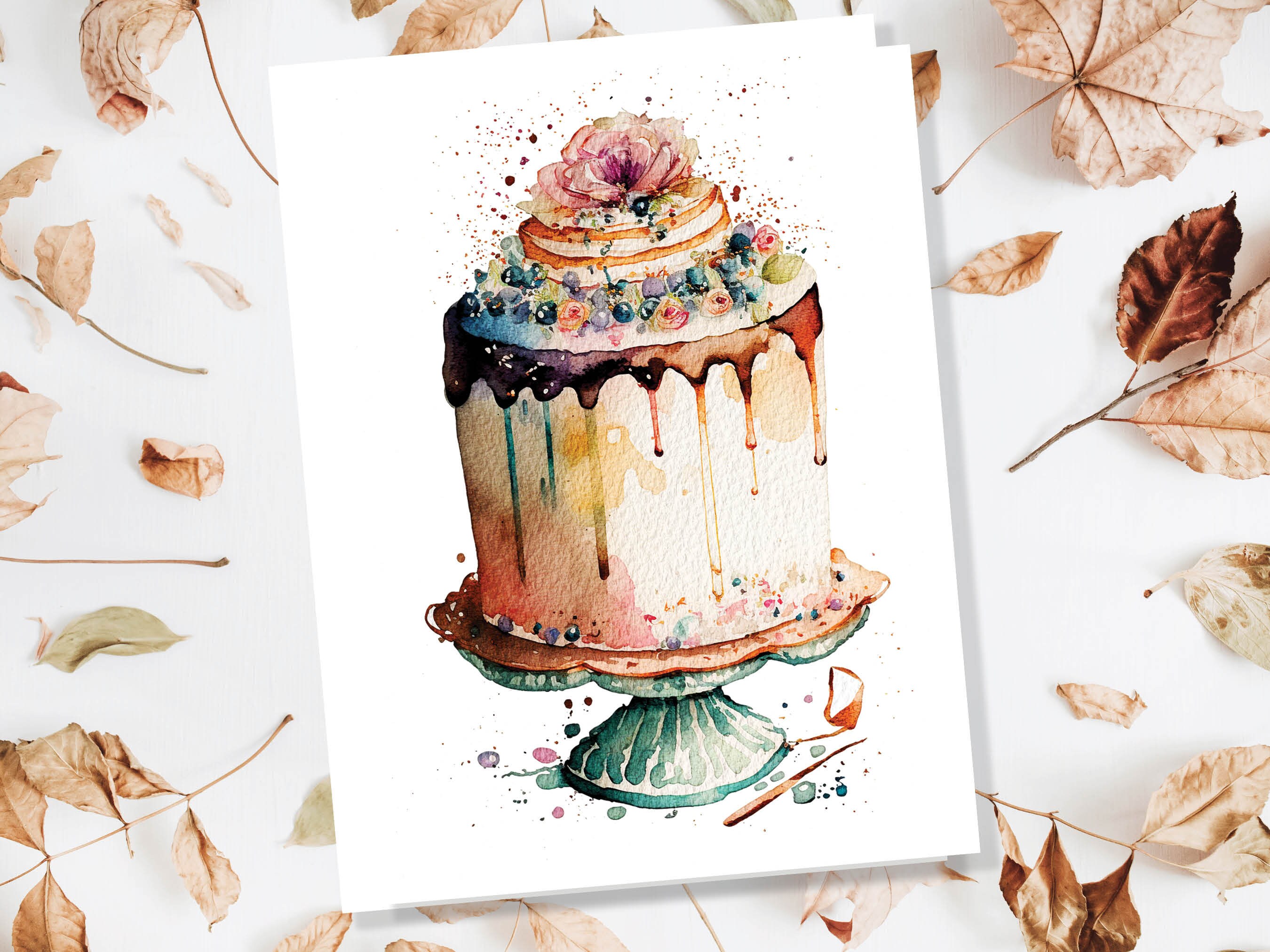 Watercolour Birthday Cake Stand Card Watercolour Painting Vintage Colours Pink Duck Egg Celebration Greeting Cards for Her Mum Women Wife - View 5