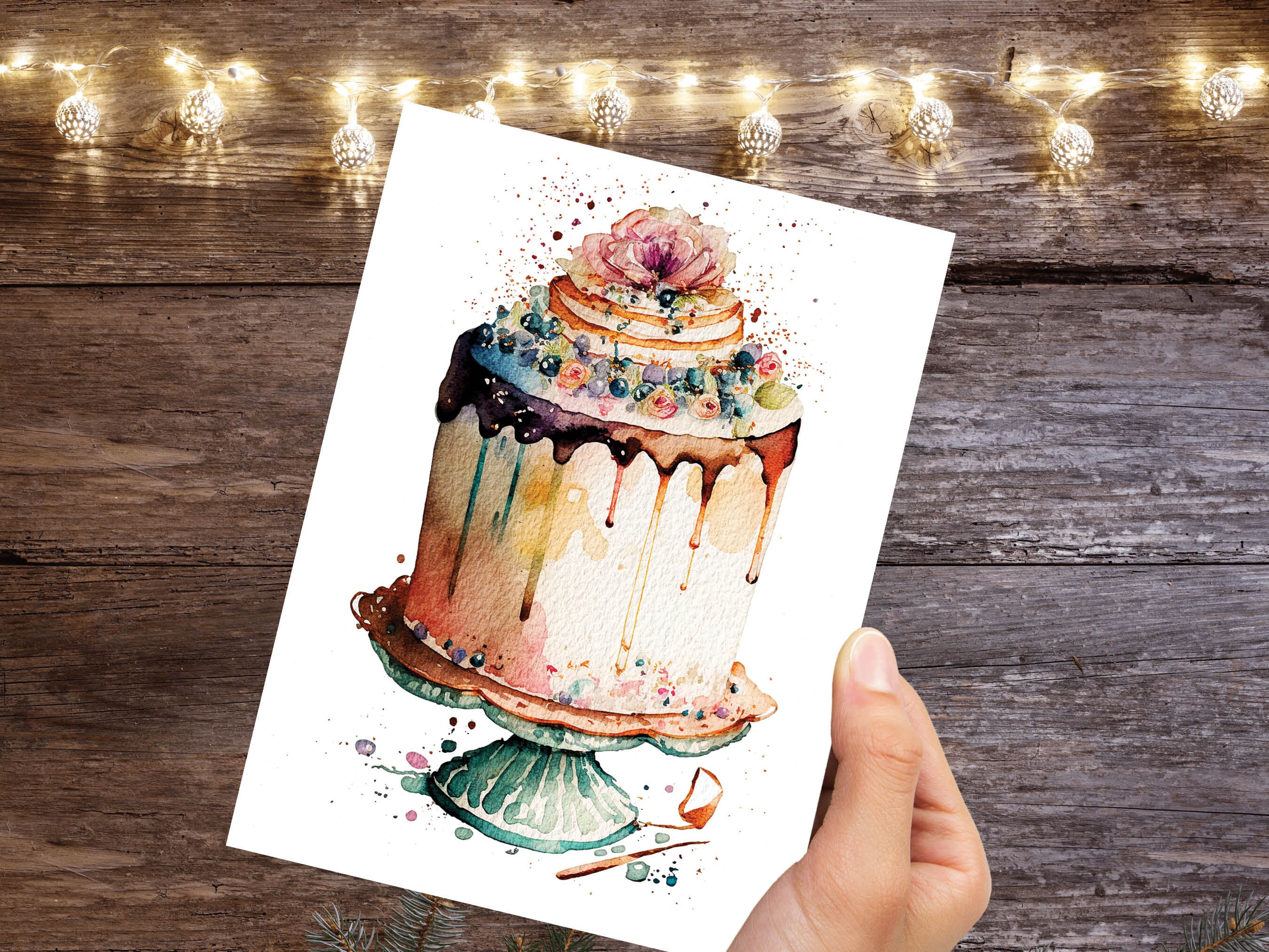 Watercolour Birthday Cake Stand Card Watercolour Painting Vintage Colours Pink Duck Egg Celebration Greeting Cards for Her Mum Women Wife - View 6