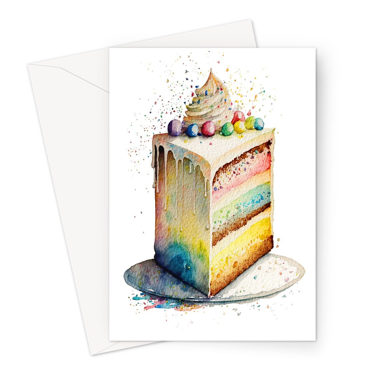 Rainbow Birthday Cake Card Watercolour Painting Happy Slice of Sponge Cake Icing Greeting Card for Her Wife Mum Sister BFF Friends Family - View 2