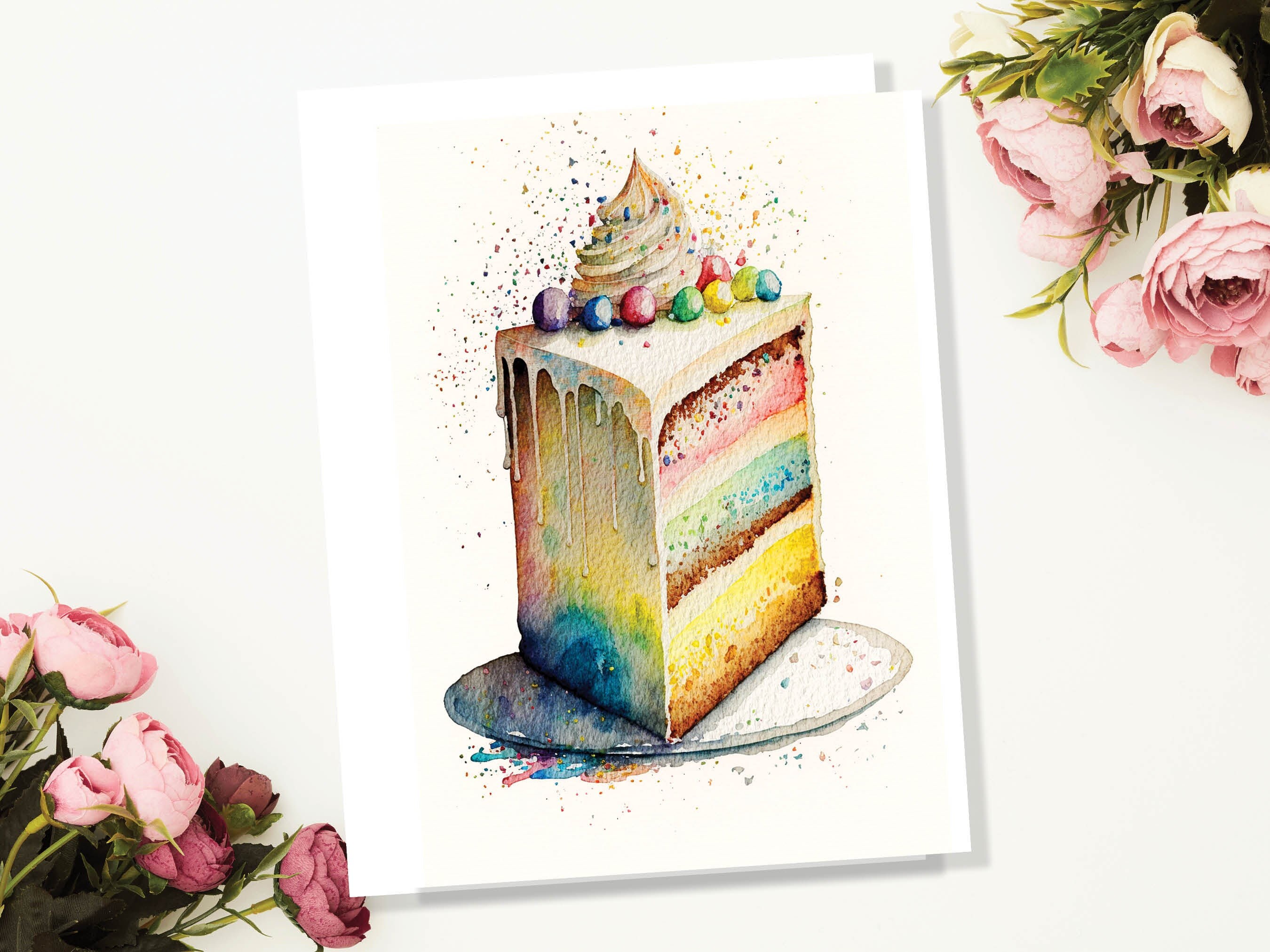 Rainbow Birthday Cake Card Watercolour Painting Happy Slice of Sponge Cake Icing Greeting Card for Her Wife Mum Sister BFF Friends Family - View 4