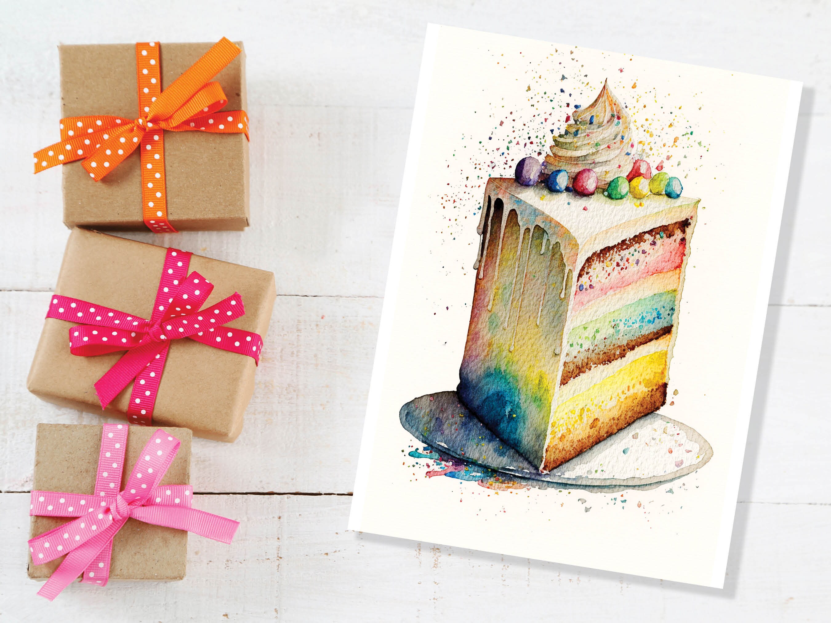 Rainbow Birthday Cake Card Watercolour Painting Happy Slice of Sponge Cake Icing Greeting Card for Her Wife Mum Sister BFF Friends Family - View 5