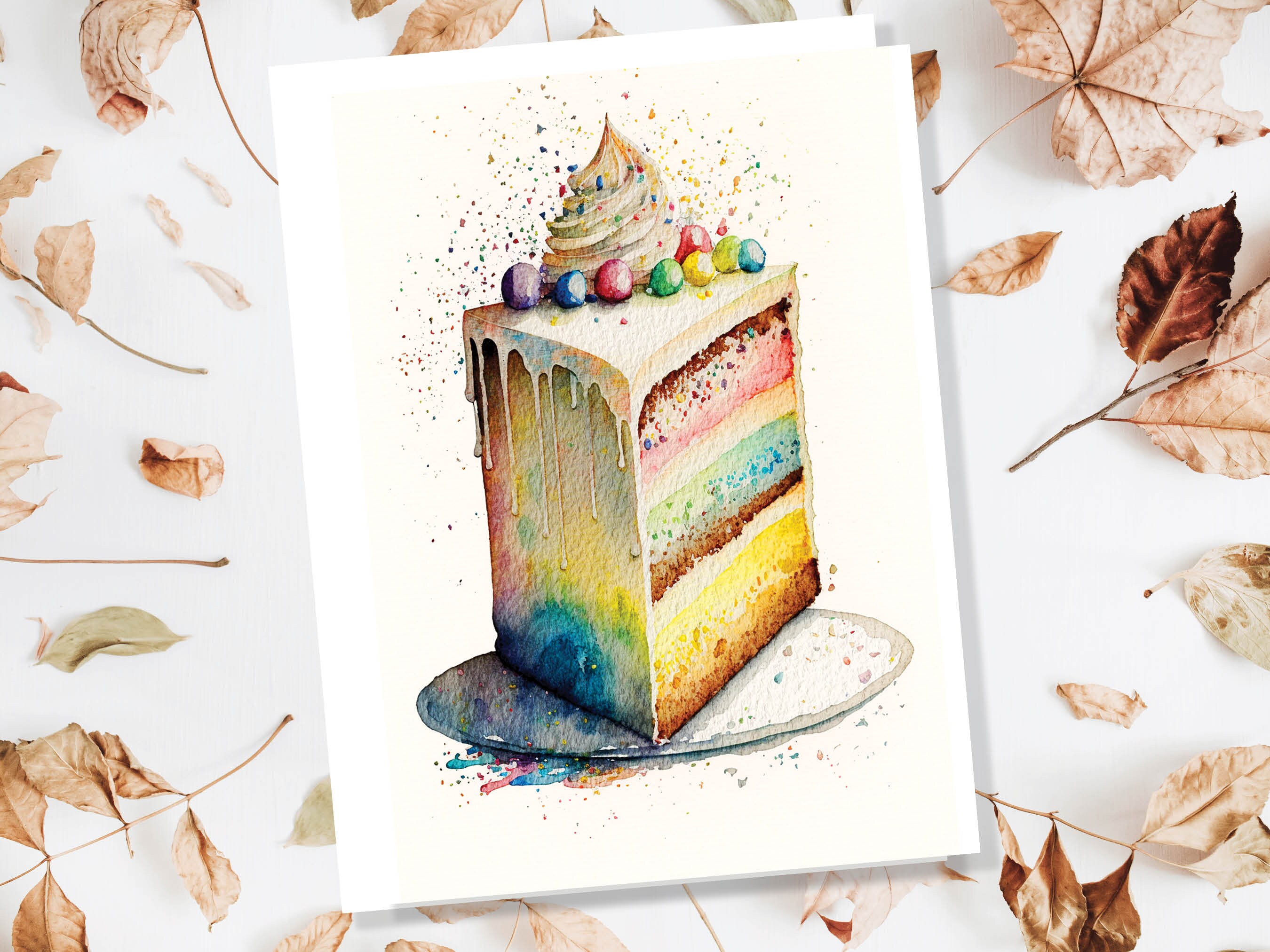 Rainbow Birthday Cake Card Watercolour Painting Happy Slice of Sponge Cake Icing Greeting Card for Her Wife Mum Sister BFF Friends Family - View 6