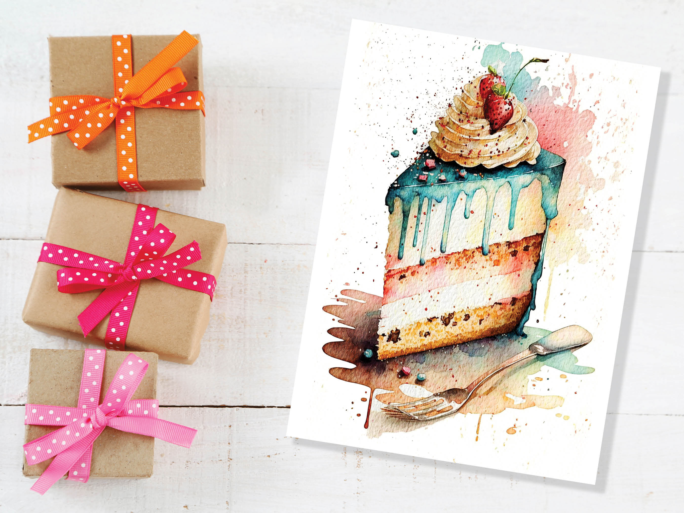 Happy Birthday Slice of Cake Card Strawberry Pink Blue Layered Sponge Loose Messy Watercolour Painting Greeting Card for Her Wife Mum BFF