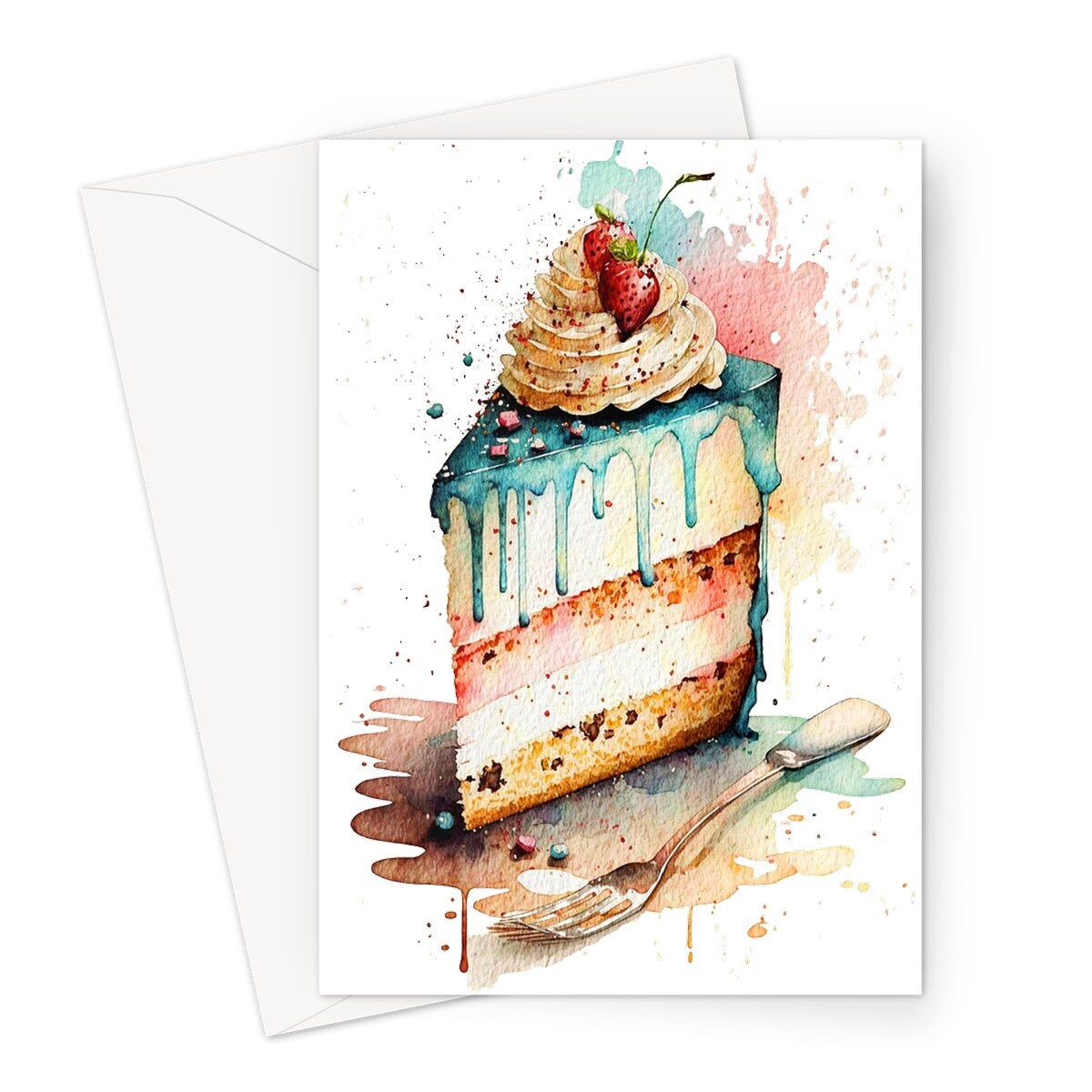 Happy Birthday Slice of Cake Card Strawberry Pink Blue Layered Sponge Loose Messy Watercolour Painting Greeting Card for Her Wife Mum BFF - View 2