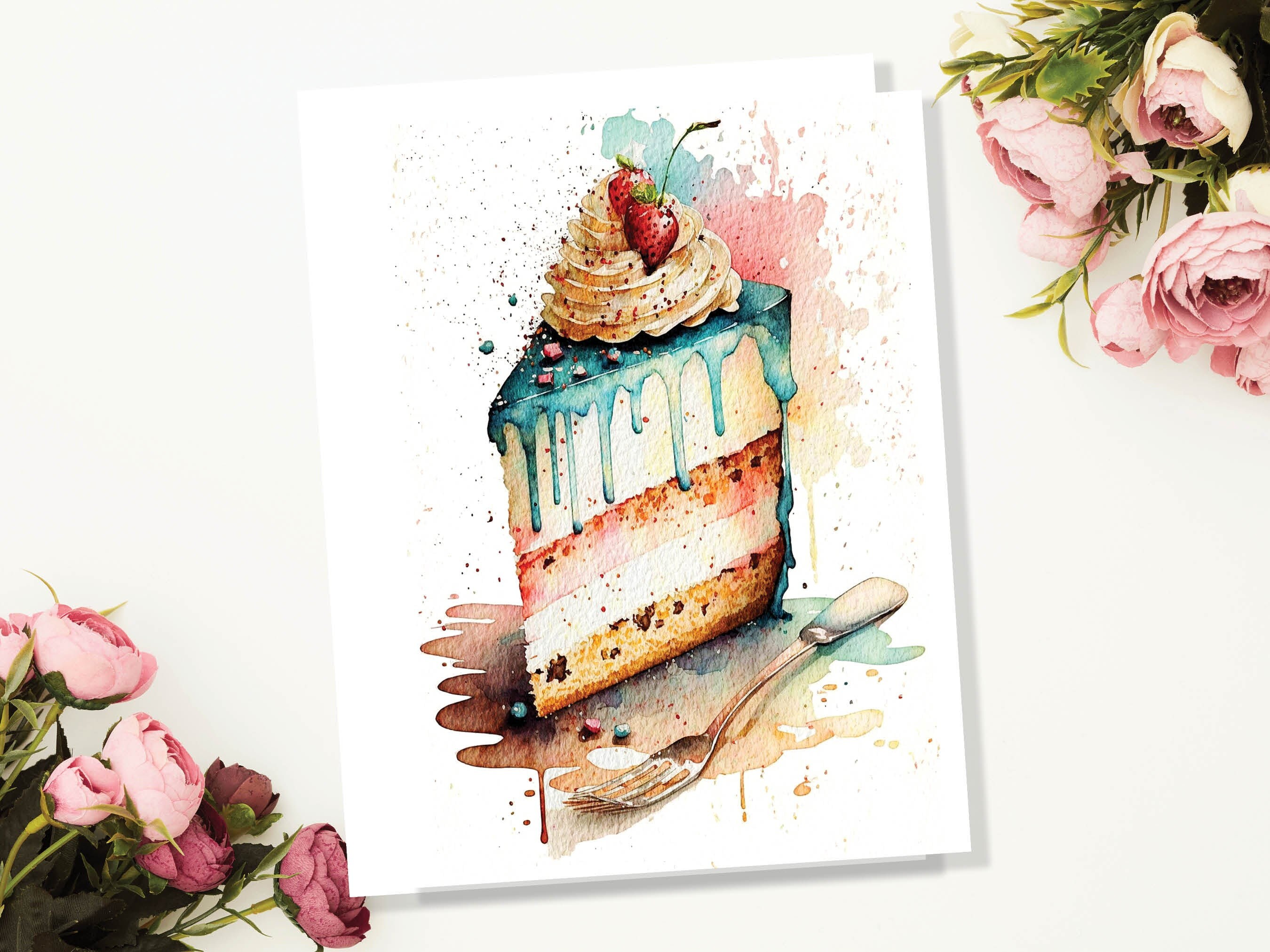 Happy Birthday Slice of Cake Card Strawberry Pink Blue Layered Sponge Loose Messy Watercolour Painting Greeting Card for Her Wife Mum BFF - View 4