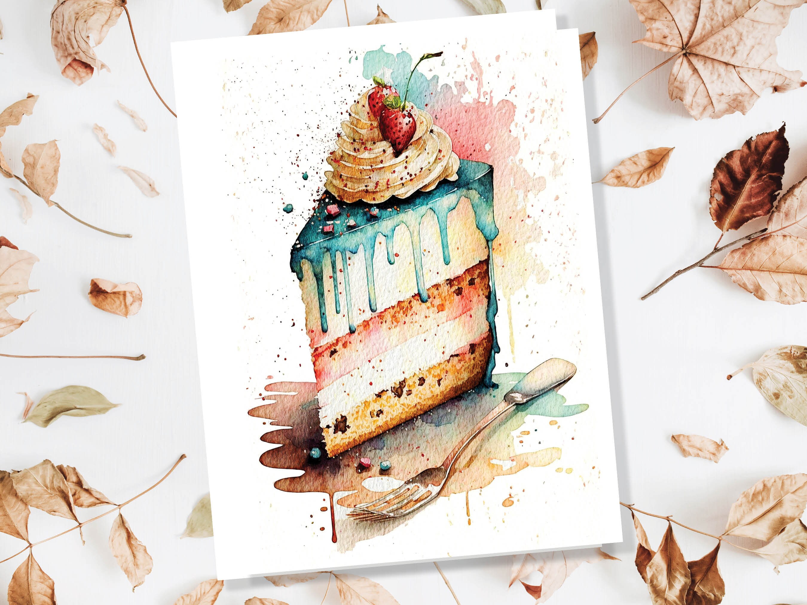 Happy Birthday Slice of Cake Card Strawberry Pink Blue Layered Sponge Loose Messy Watercolour Painting Greeting Card for Her Wife Mum BFF - View 5