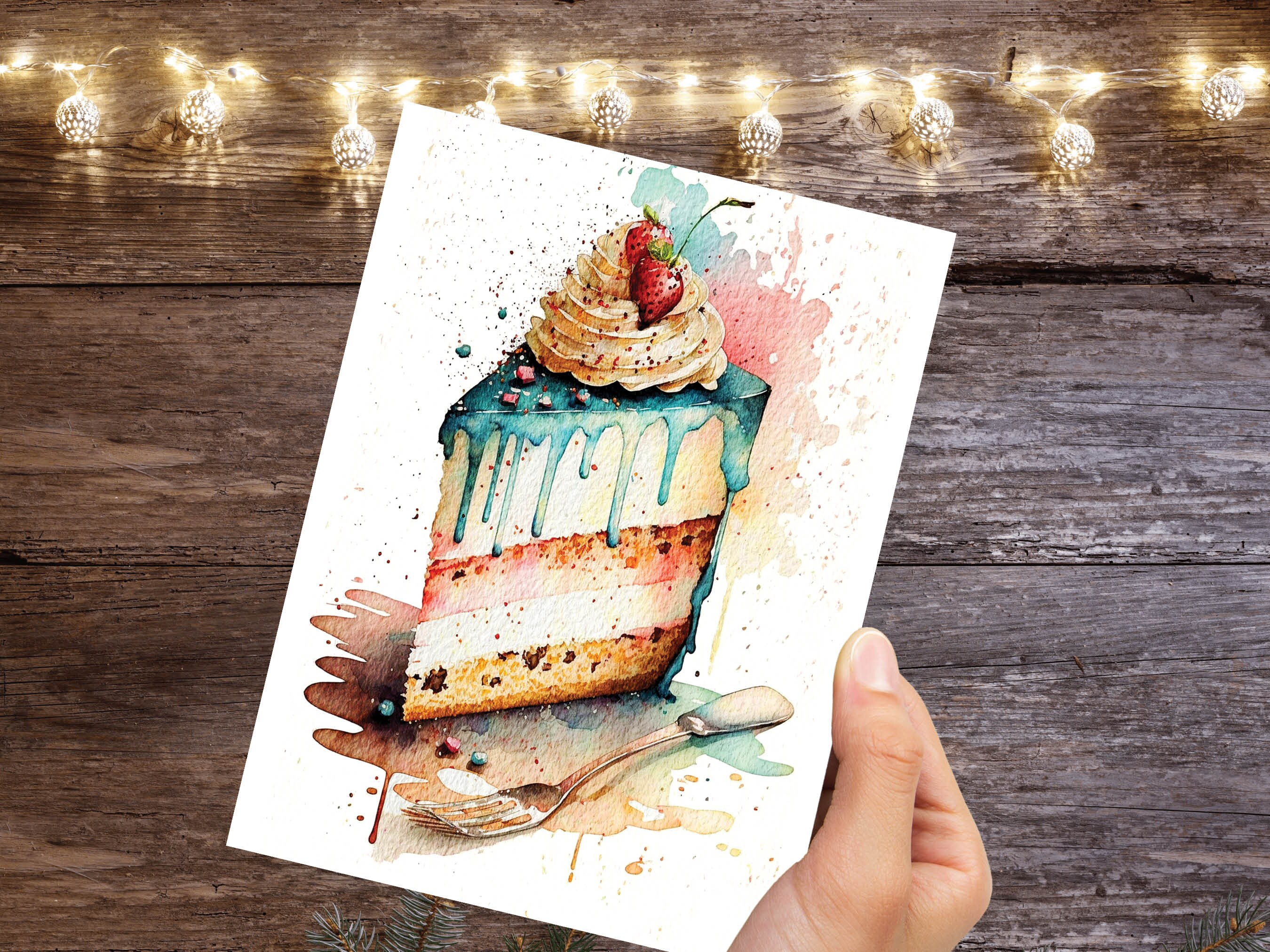 Happy Birthday Slice of Cake Card Strawberry Pink Blue Layered Sponge Loose Messy Watercolour Painting Greeting Card for Her Wife Mum BFF - View 6