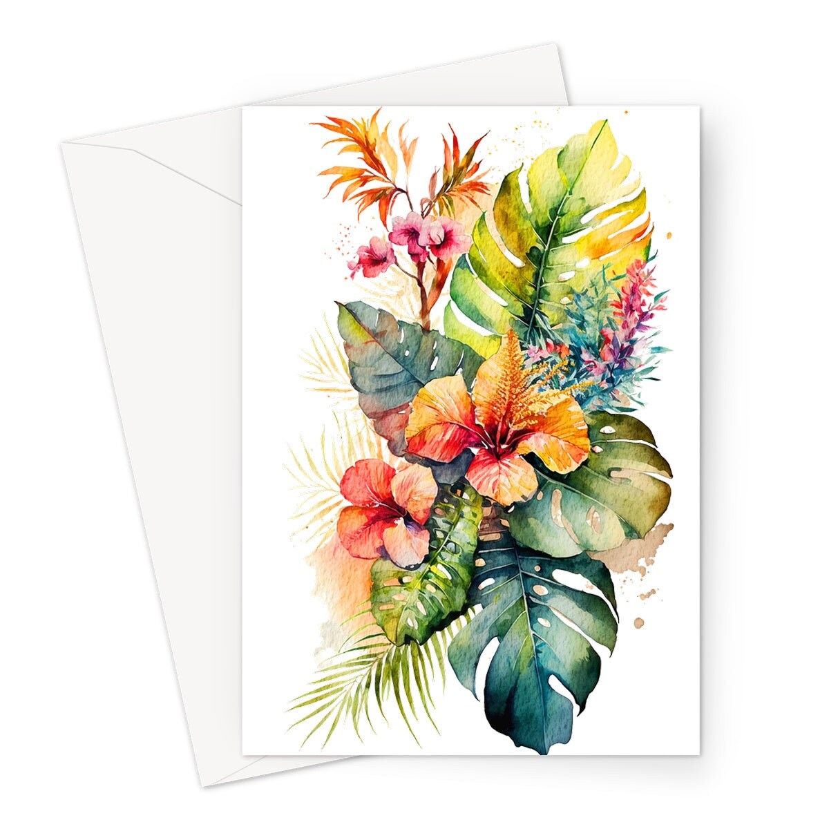 Hawaiian Birthday Card Tropcial Hawaii Greetings Cards Hibiscus Flower Monstera Leaves Paradise Arrangement Bouquet Floral Note Notelets BFF - View 2