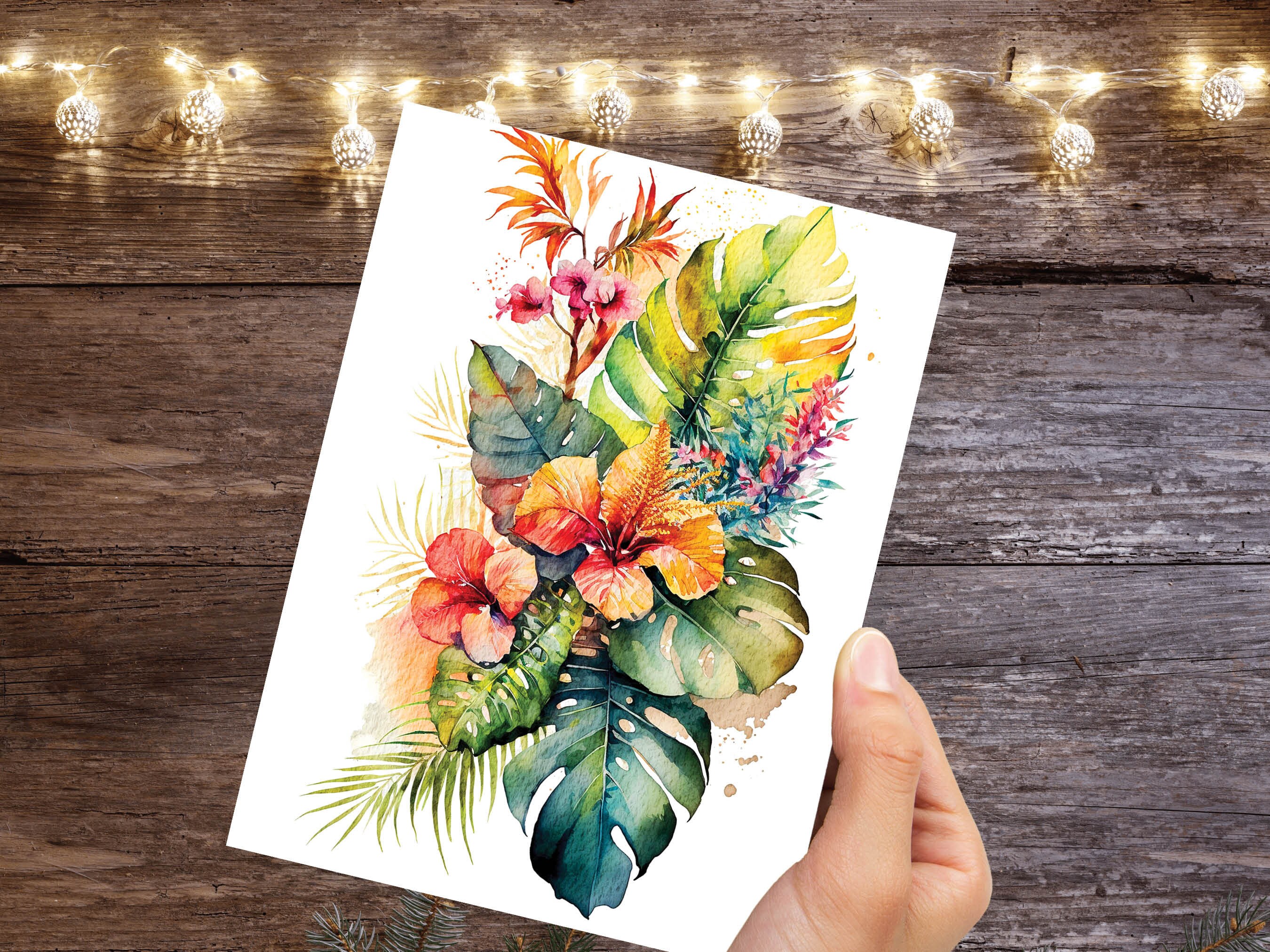 Hawaiian Birthday Card Tropcial Hawaii Greetings Cards Hibiscus Flower Monstera Leaves Paradise Arrangement Bouquet Floral Note Notelets BFF - View 6