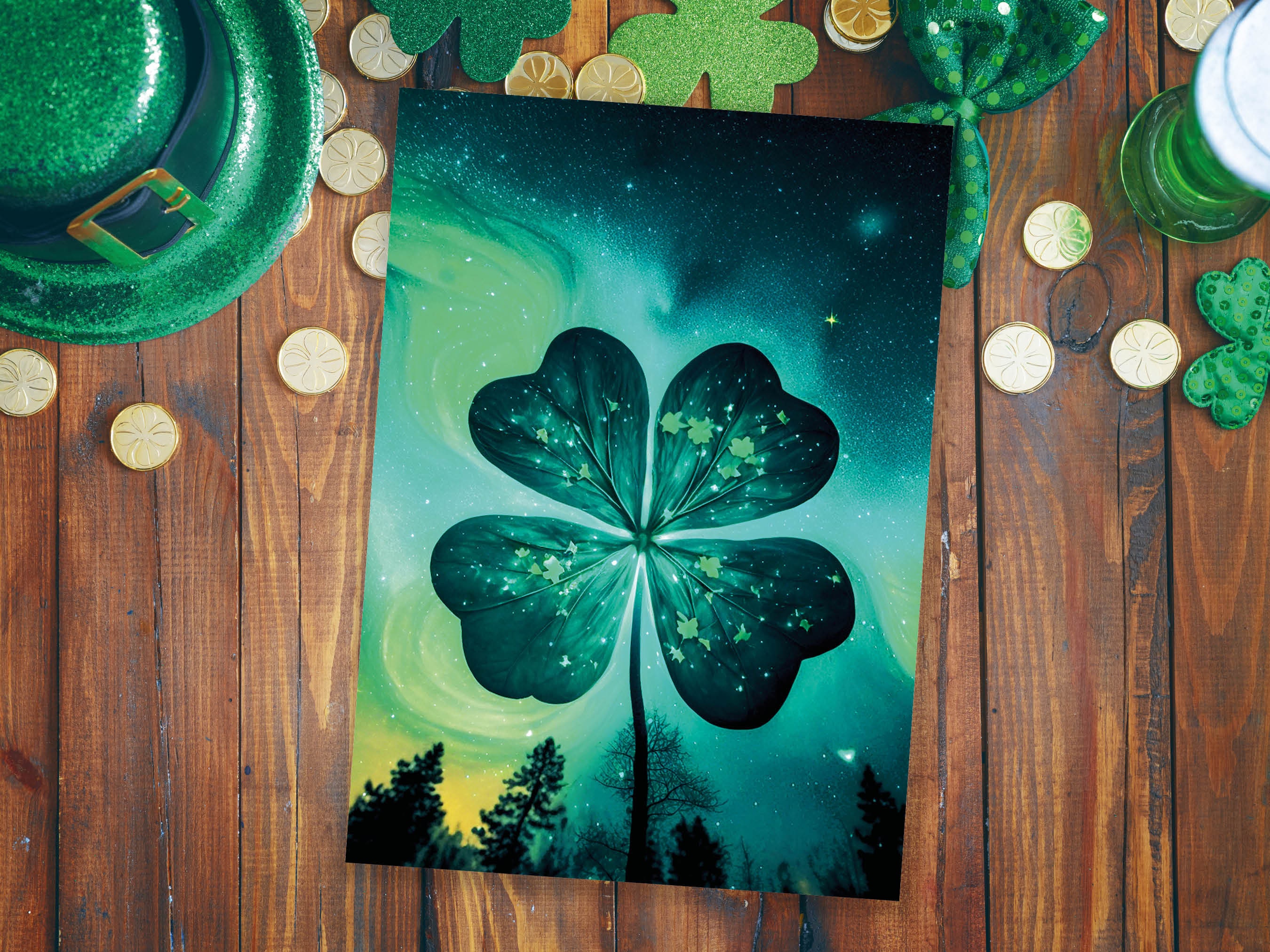 Lucky Four Leafed Clover Card St. Patrick's Day Good Luck of the Irish Glowing Whimsical Magical Shamrock Greeting Cards Family & Friends - View 6