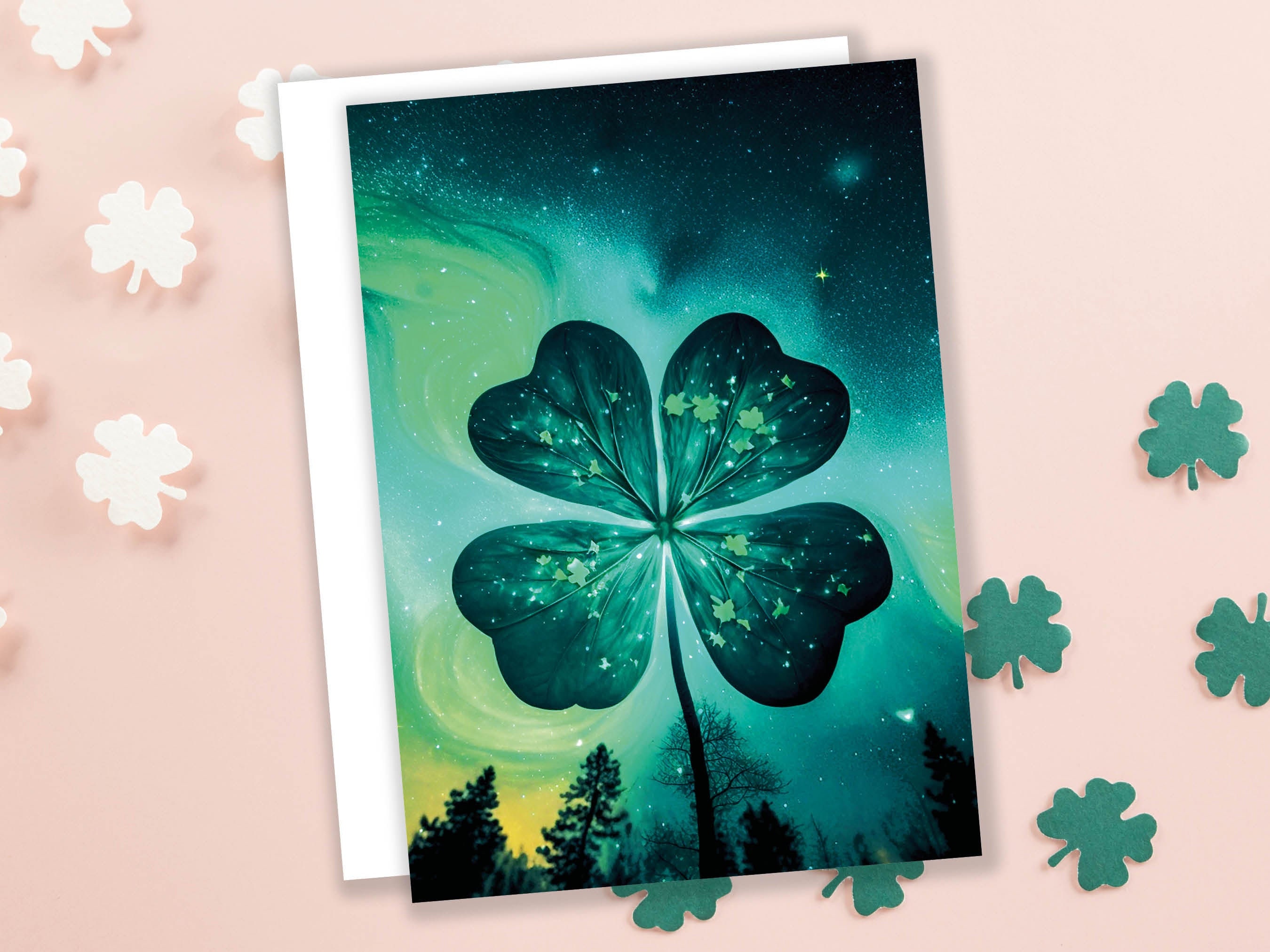 Lucky Four Leafed Clover Card St. Patrick's Day Good Luck of the Irish Glowing Whimsical Magical Shamrock Greeting Cards Family & Friends