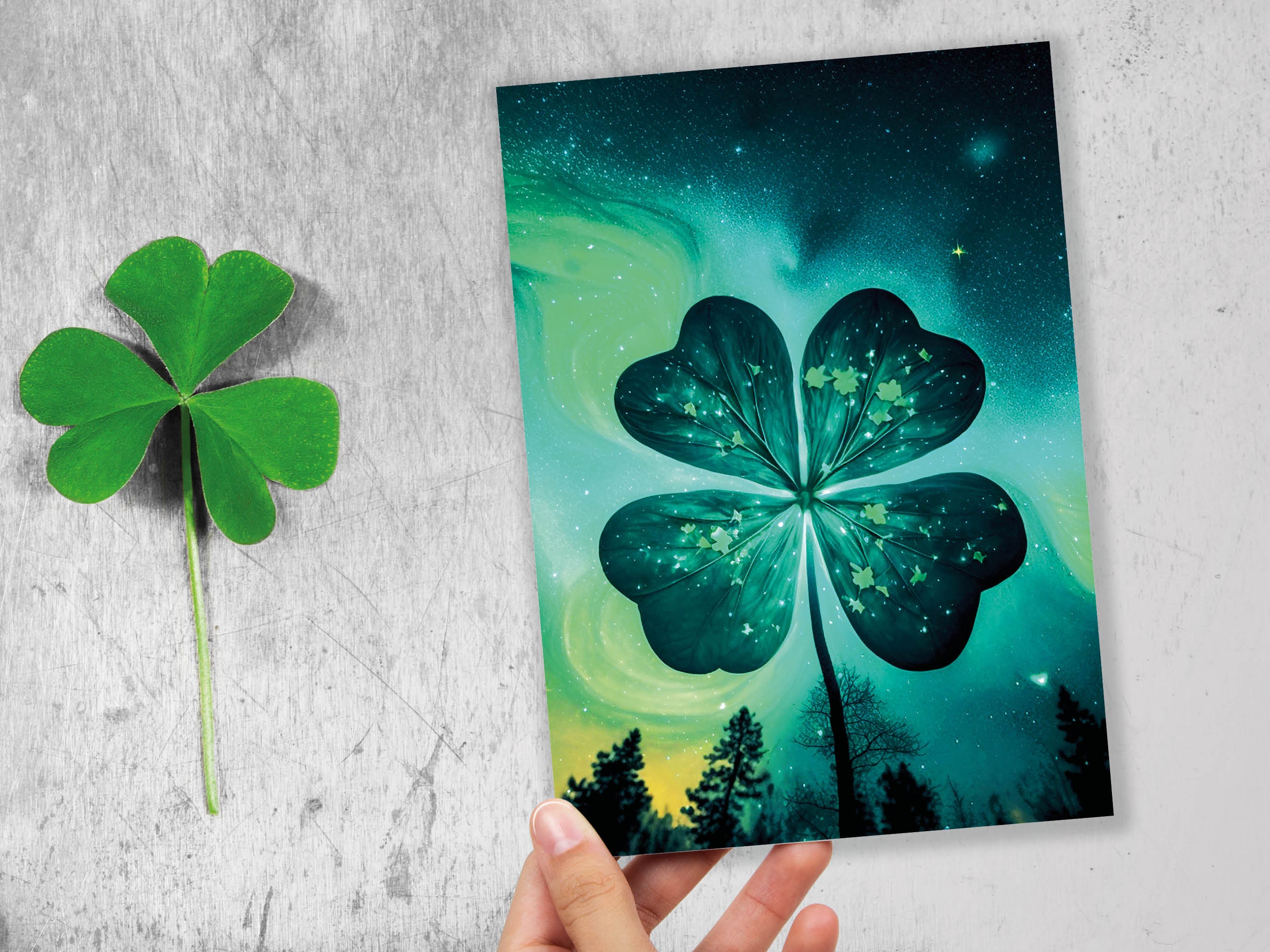 Lucky Four Leafed Clover Card St. Patrick's Day Good Luck of the Irish Glowing Whimsical Magical Shamrock Greeting Cards Family & Friends - View 4