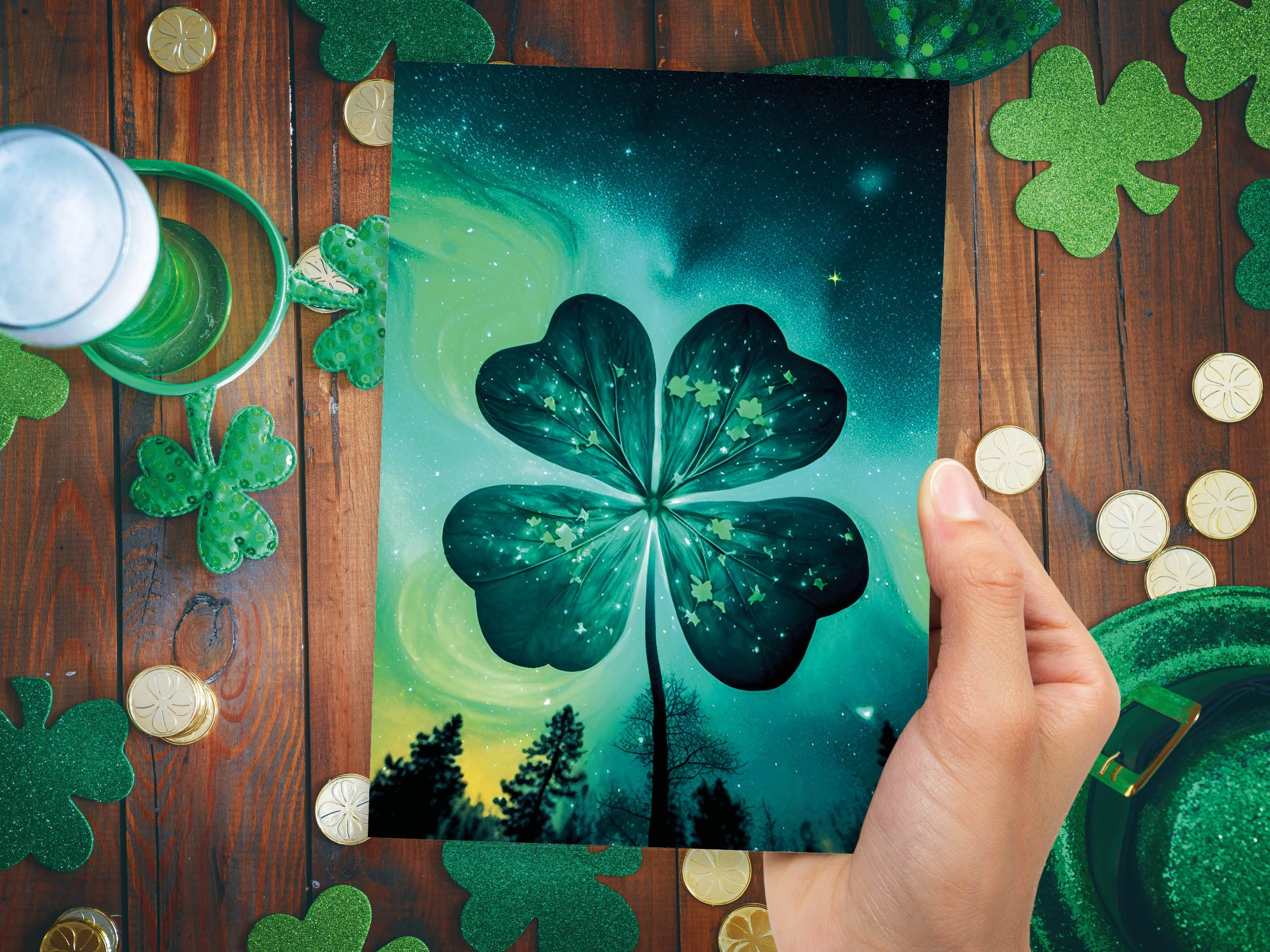 Lucky Four Leafed Clover Card St. Patrick's Day Good Luck of the Irish Glowing Whimsical Magical Shamrock Greeting Cards Family & Friends - View 5