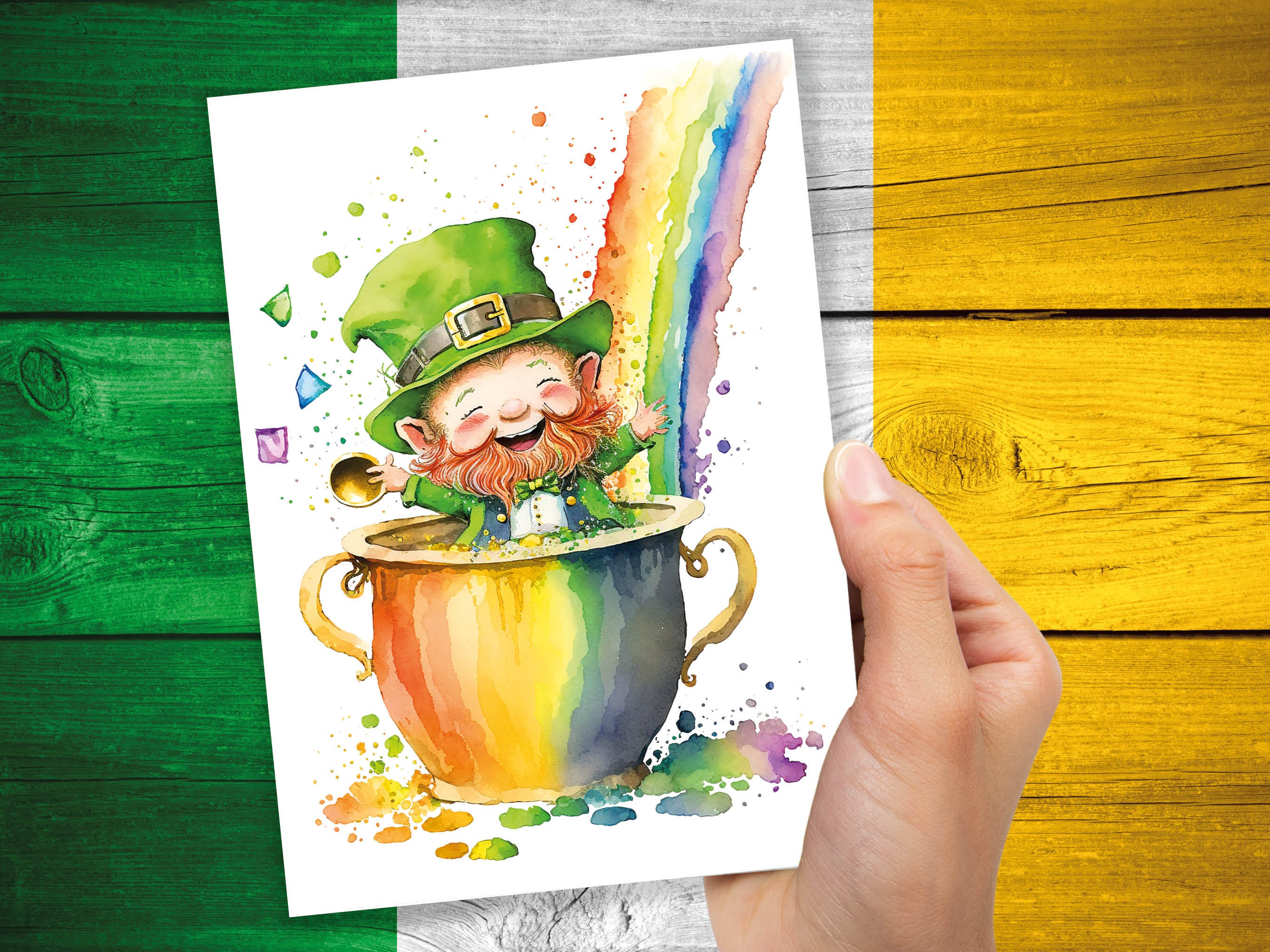 Cute Leprechaun Card St Patricks Day Luck of the Irish Pot of Gold Rainbow Lucky Ireland Themed Saint Paddy's Watercolor Greeting Cards Eco