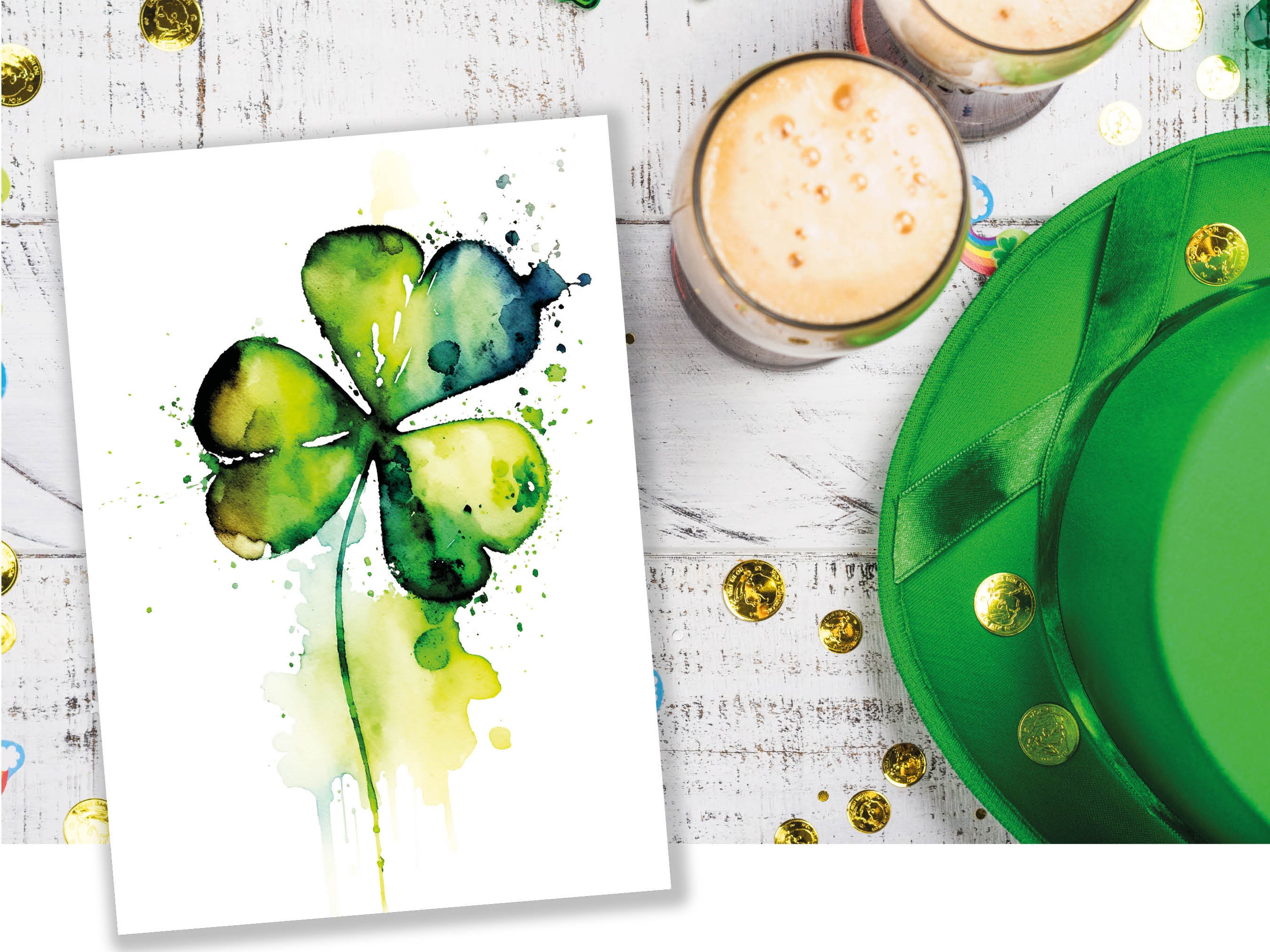 Watercolour Shamrock Card Lucky St. Patrick's Day Luck of the Irish Ireland Saint Vibrant Green Clover Greeting Cards for Family & Friends - View 7