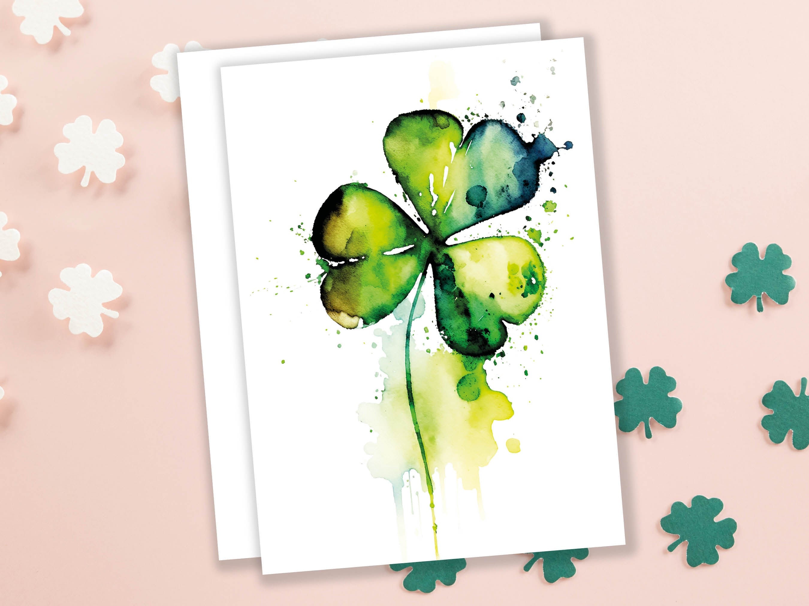 Watercolour Shamrock Card Lucky St. Patrick's Day Luck of the Irish Ireland Saint Vibrant Green Clover Greeting Cards for Family & Friends - View 4