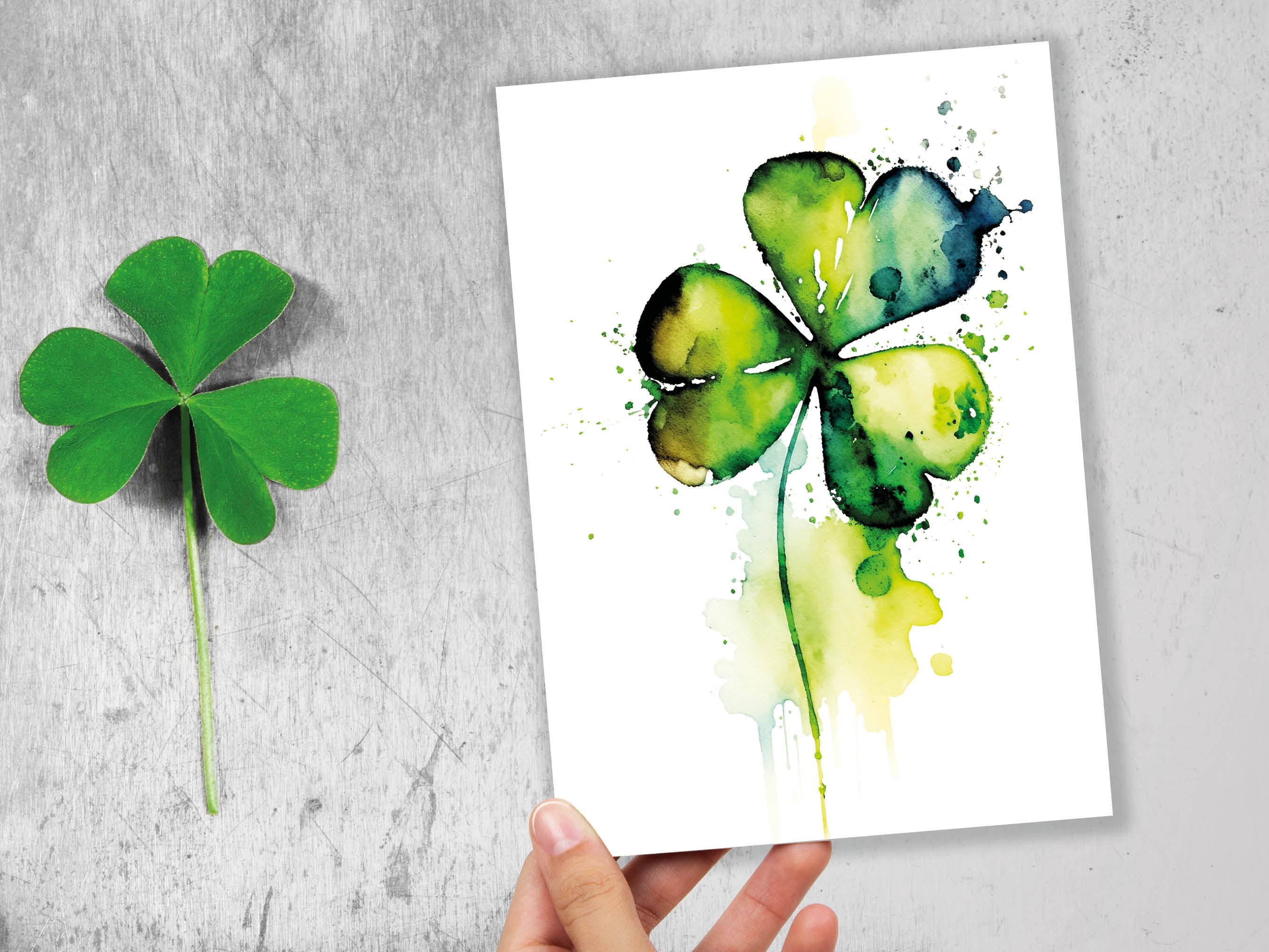 Watercolour Shamrock Card Lucky St. Patrick's Day Luck of the Irish Ireland Saint Vibrant Green Clover Greeting Cards for Family & Friends - View 5