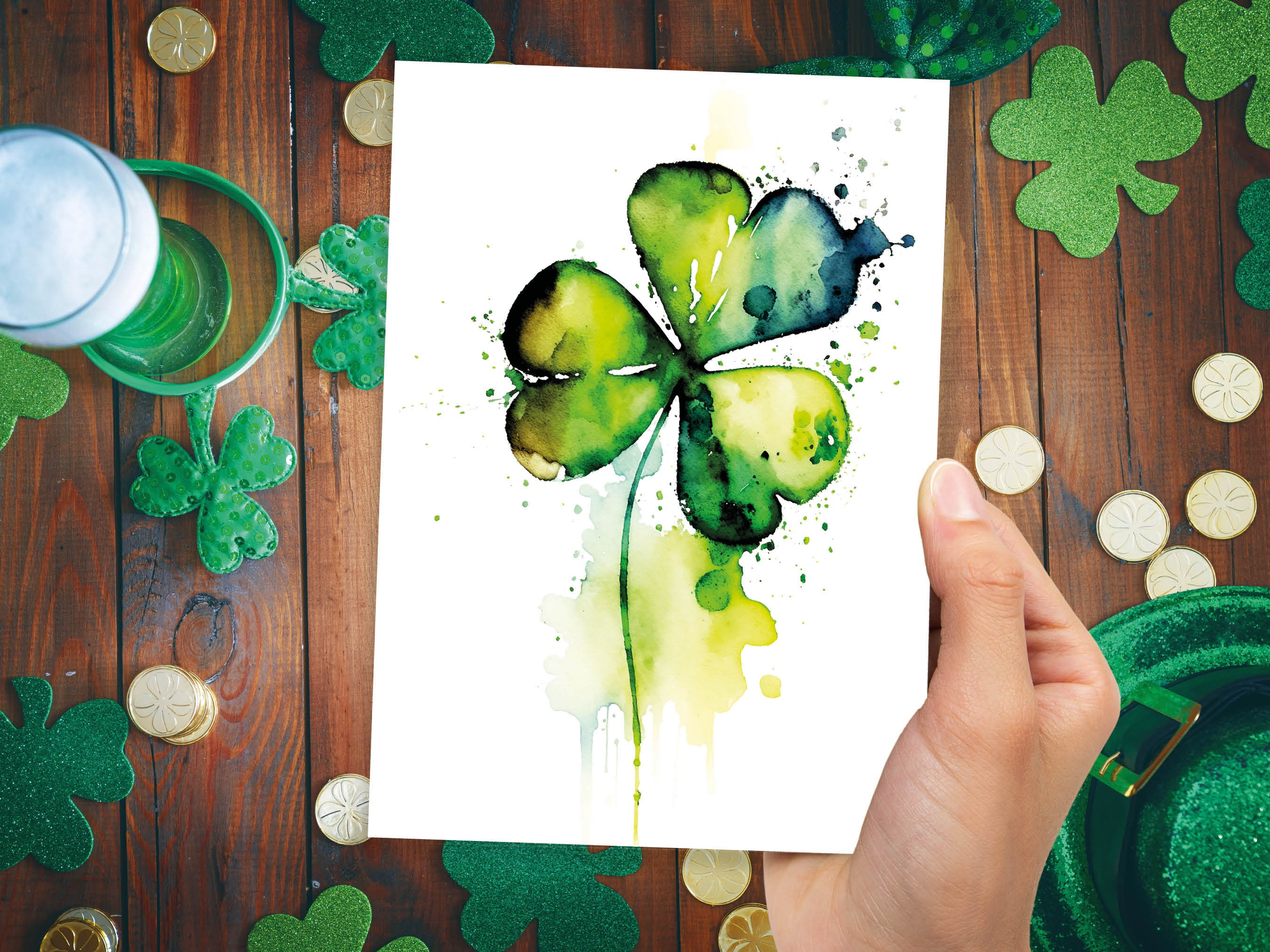 Watercolour Shamrock Card Lucky St. Patrick's Day Luck of the Irish Ireland Saint Vibrant Green Clover Greeting Cards for Family & Friends - View 6