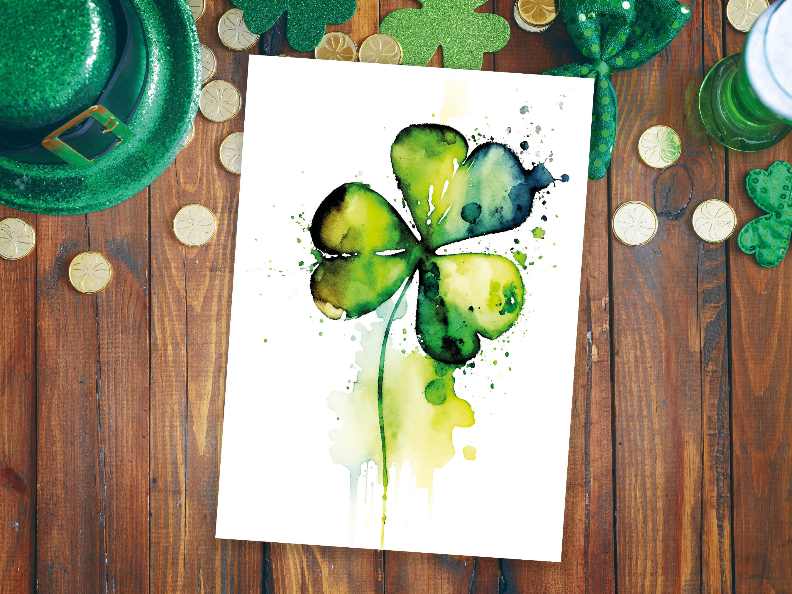 Watercolour Shamrock Card Lucky St. Patrick's Day Luck of the Irish Ireland Saint Vibrant Green Clover Greeting Cards for Family & Friends