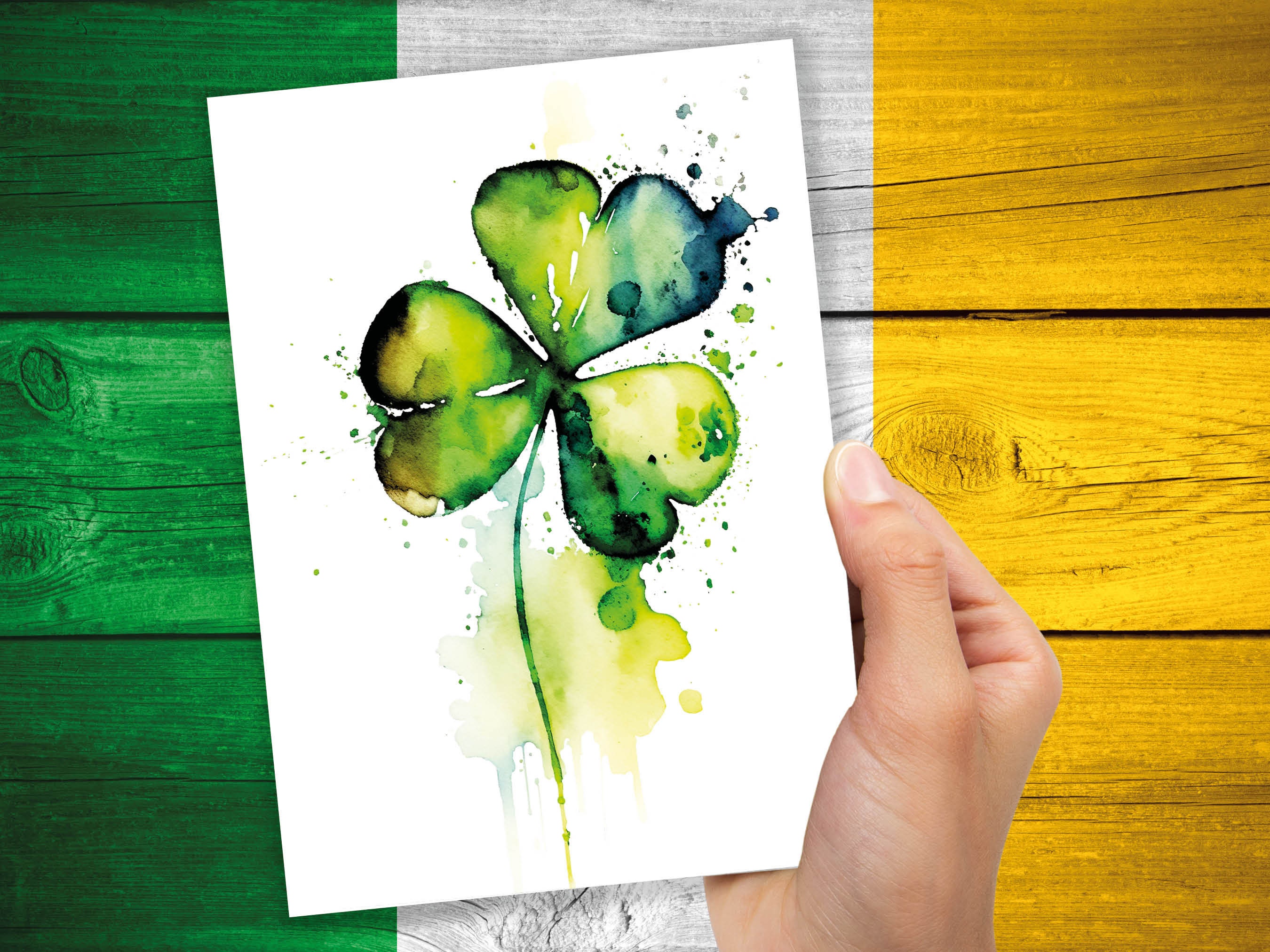 Watercolour Shamrock Card Lucky St. Patrick's Day Luck of the Irish Ireland Saint Vibrant Green Clover Greeting Cards for Family & Friends - View 9