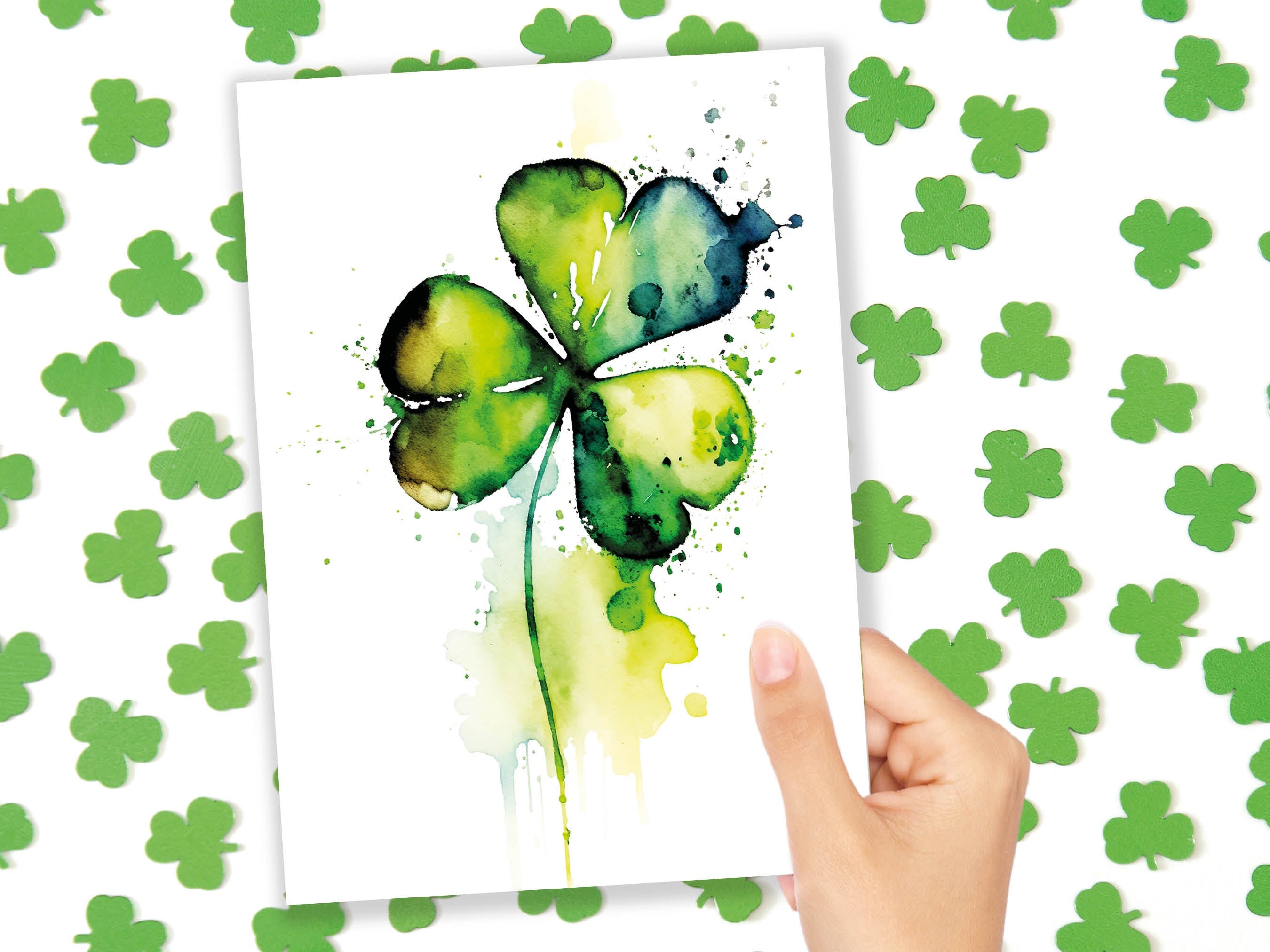 Watercolour Shamrock Card Lucky St. Patrick's Day Luck of the Irish Ireland Saint Vibrant Green Clover Greeting Cards for Family & Friends - View 10