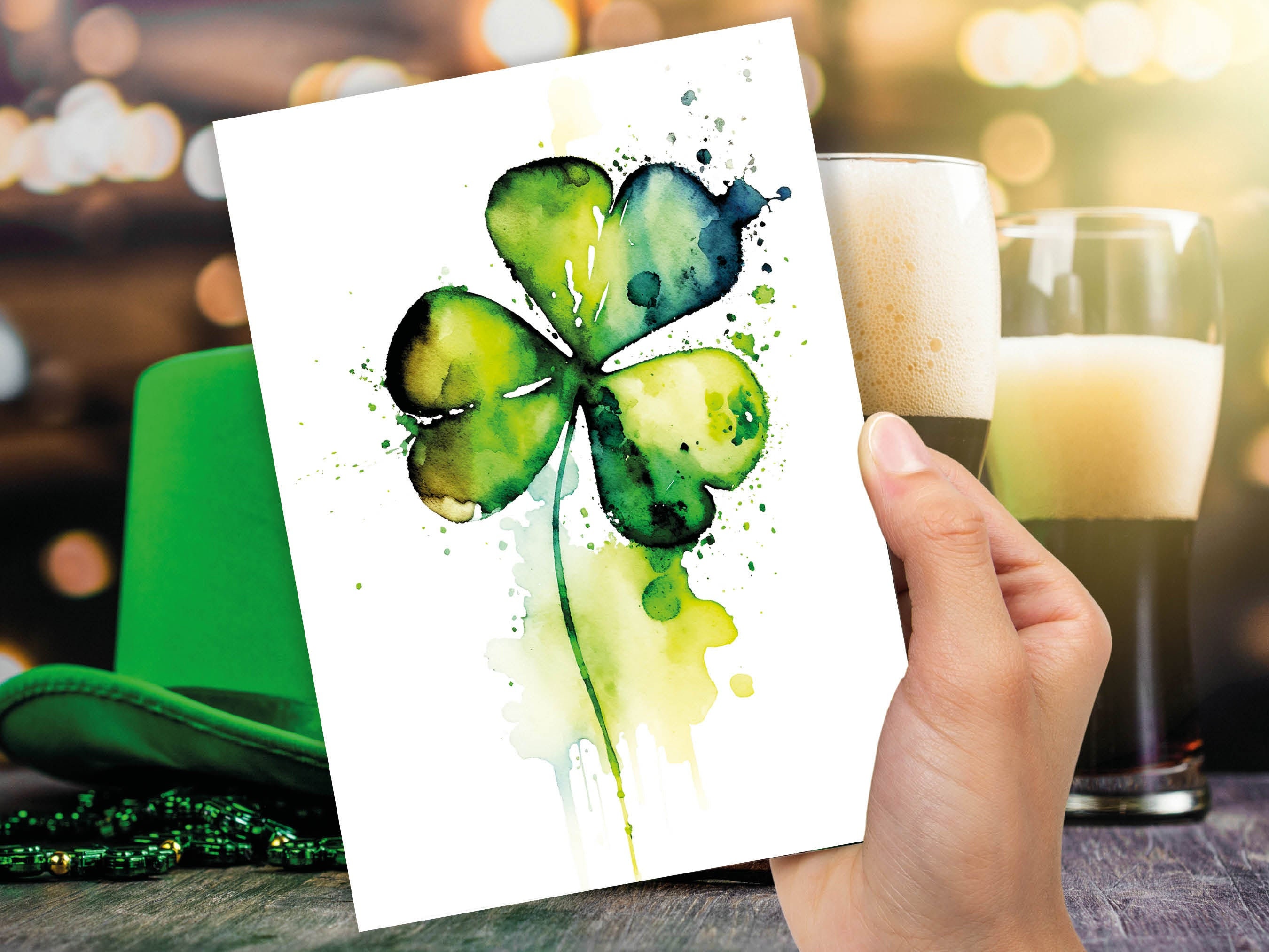 Watercolour Shamrock Card Lucky St. Patrick's Day Luck of the Irish Ireland Saint Vibrant Green Clover Greeting Cards for Family & Friends - View 8