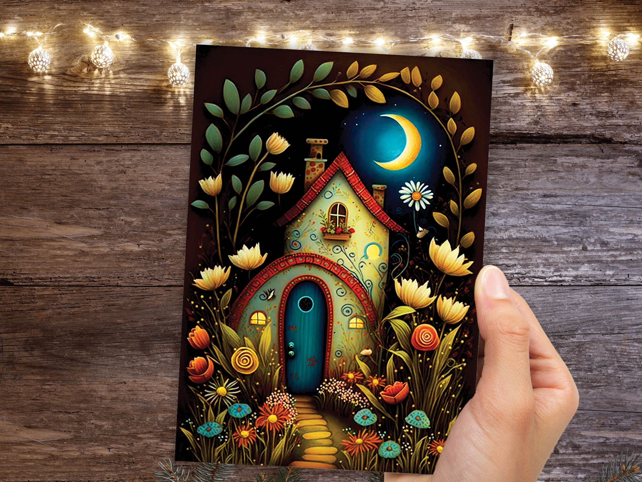 Whimsical Fairy Garden Card Magical Enchanted Folk Art Moving New House Home Housewarming Congrats Night Scene Pagan Moon Folklore Fairytale - View 9