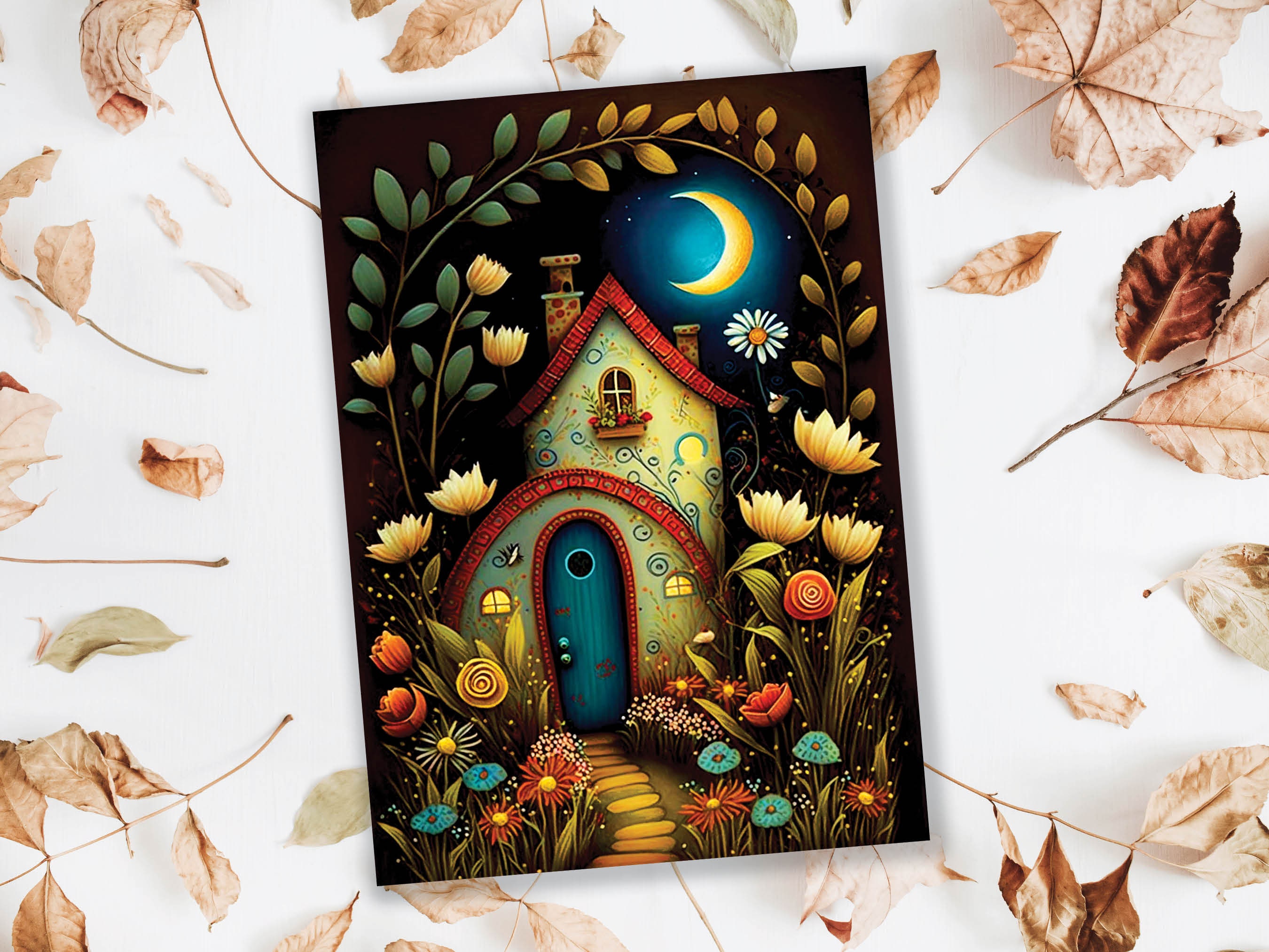 Whimsical Fairy Garden Card Magical Enchanted Folk Art Moving New House Home Housewarming Congrats Night Scene Pagan Moon Folklore Fairytale - View 7