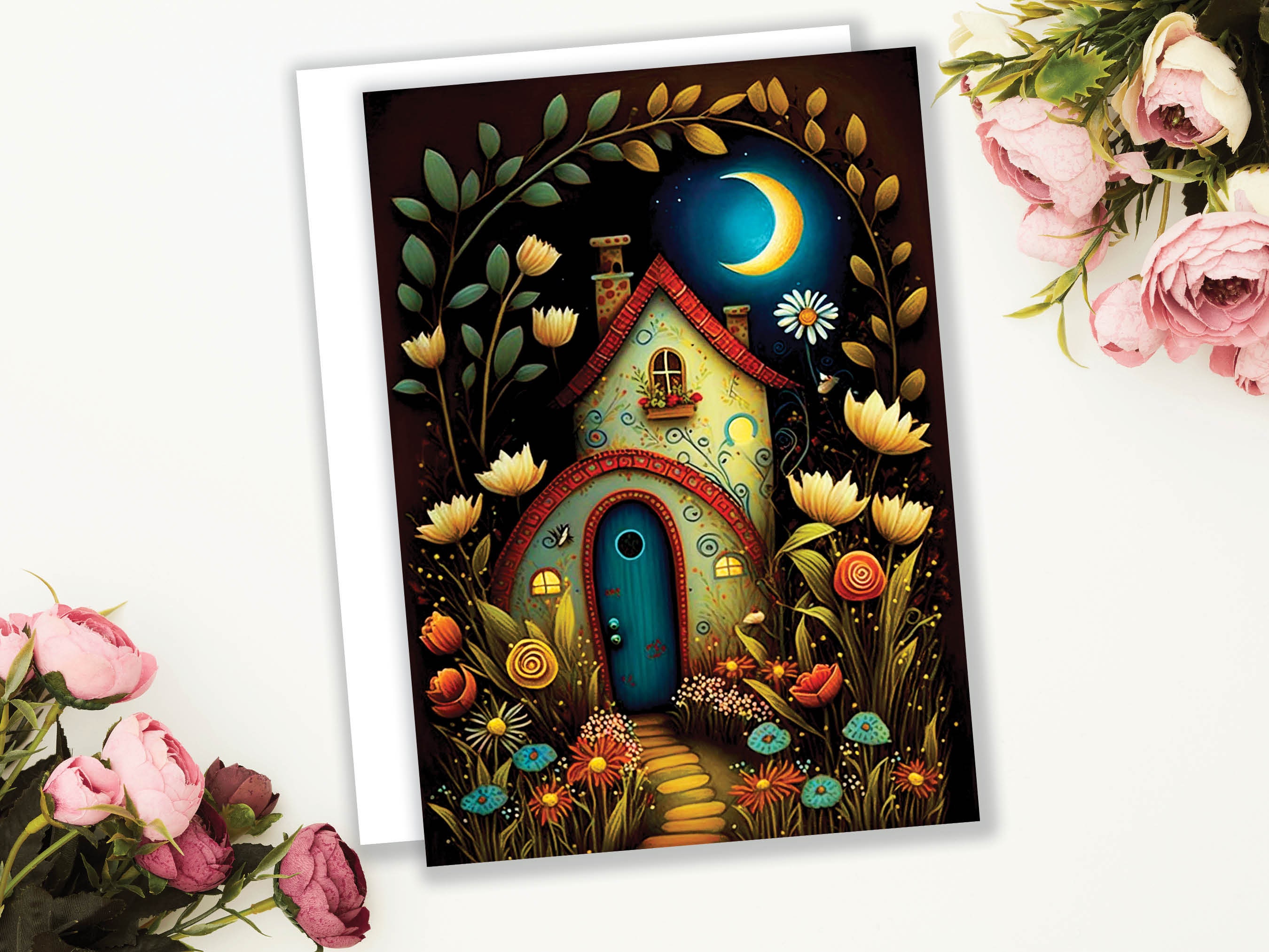 Whimsical Fairy Garden Card Magical Enchanted Folk Art Moving New House Home Housewarming Congrats Night Scene Pagan Moon Folklore Fairytale